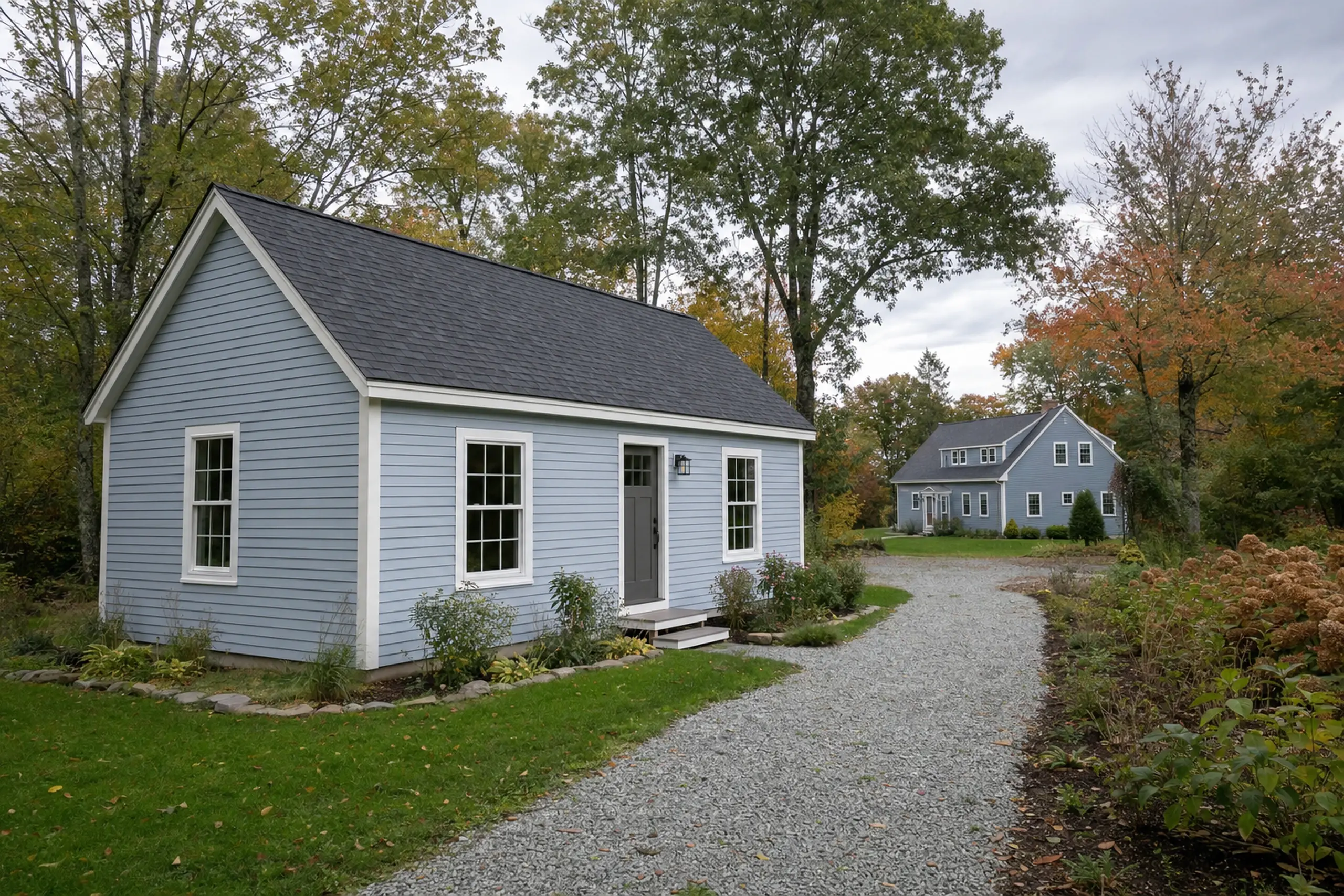 Two blue houses with white trim on a gravel driveway surrounded by trees and grass.