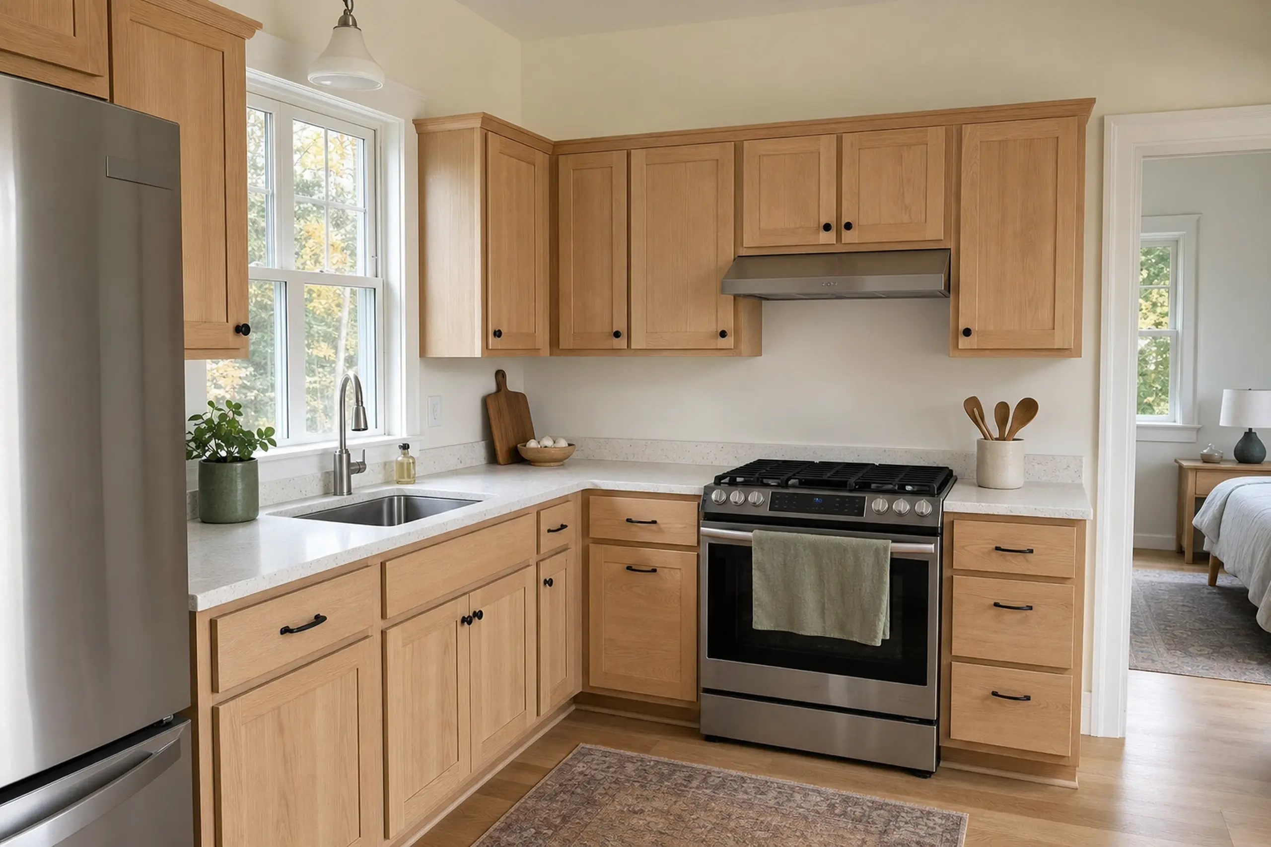 Light wood kitchen cabinets with stainless steel appliances and a window showing outdoor trees.