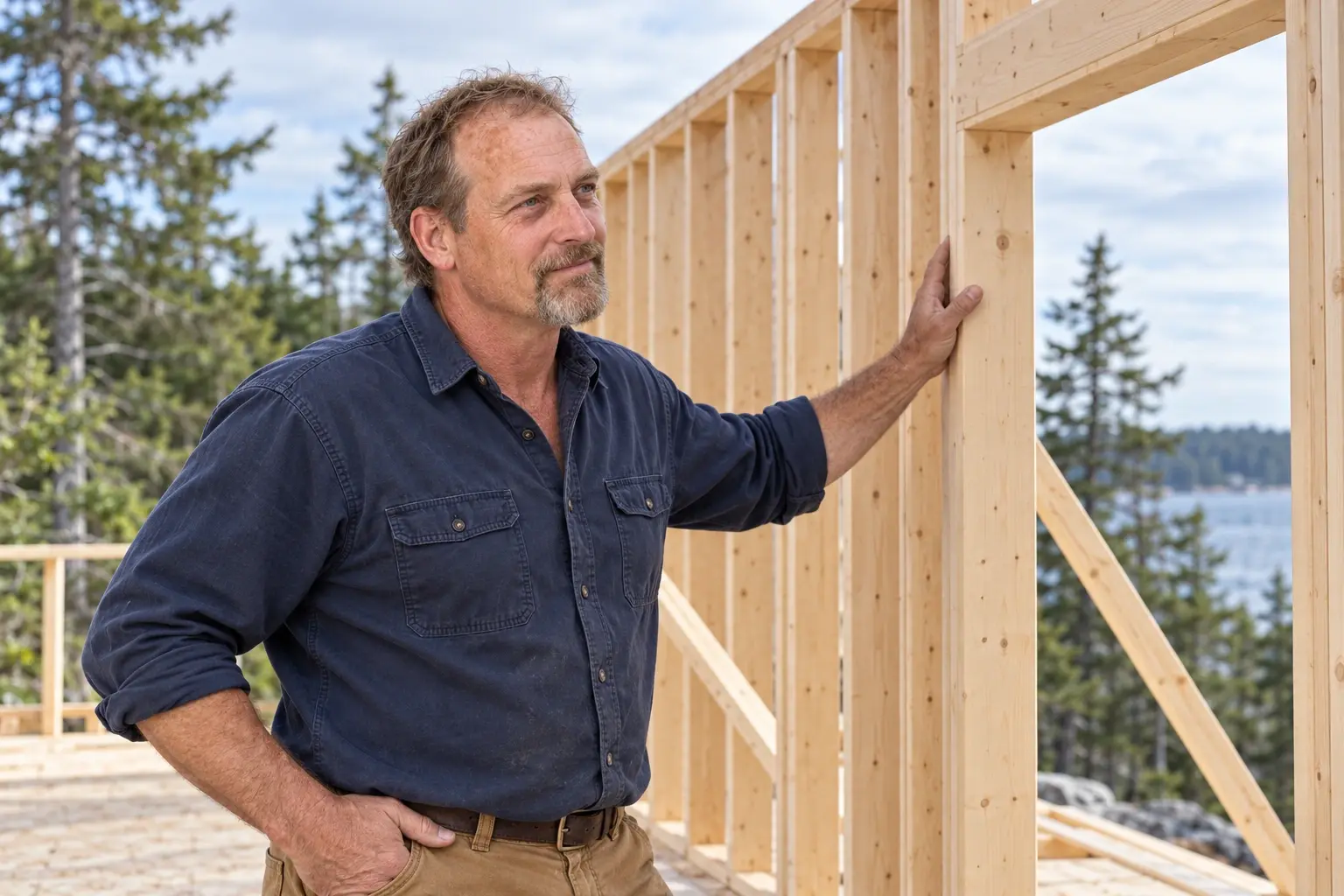 Mark Moody beside unfinished timber wall framing at an ADU site.