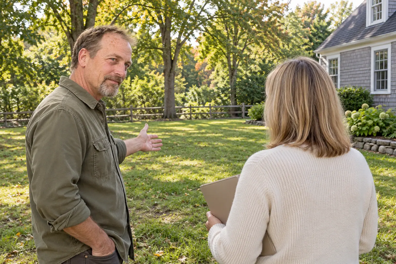 Mark Moody talking with a homeowner in a tree-lined backyard.