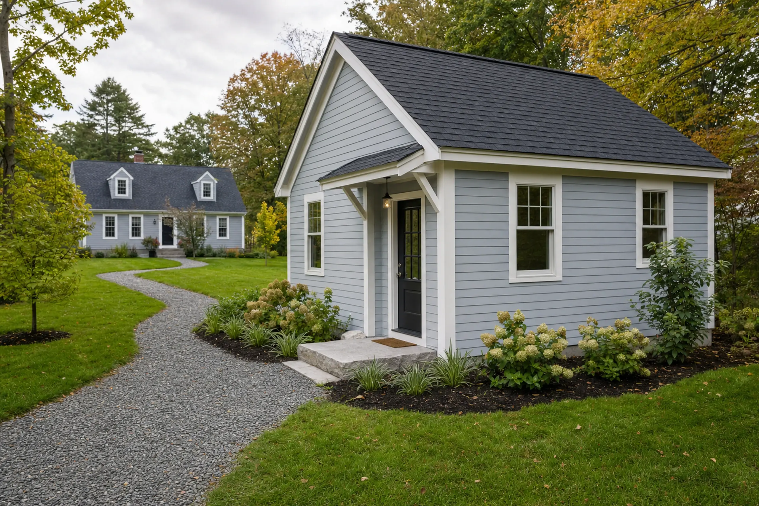 Two gray houses with white trim in a green yard with a curved gravel path and plants.