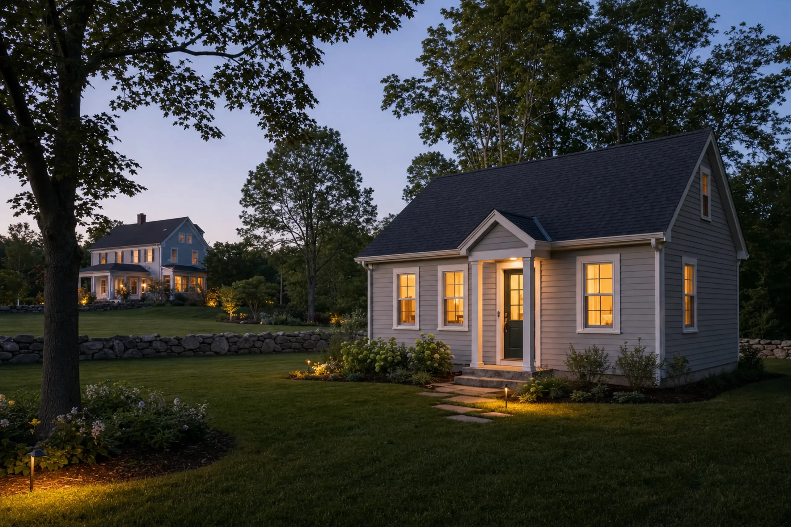Two gray houses with lit windows in a grassy yard at dusk with trees and stone walls.