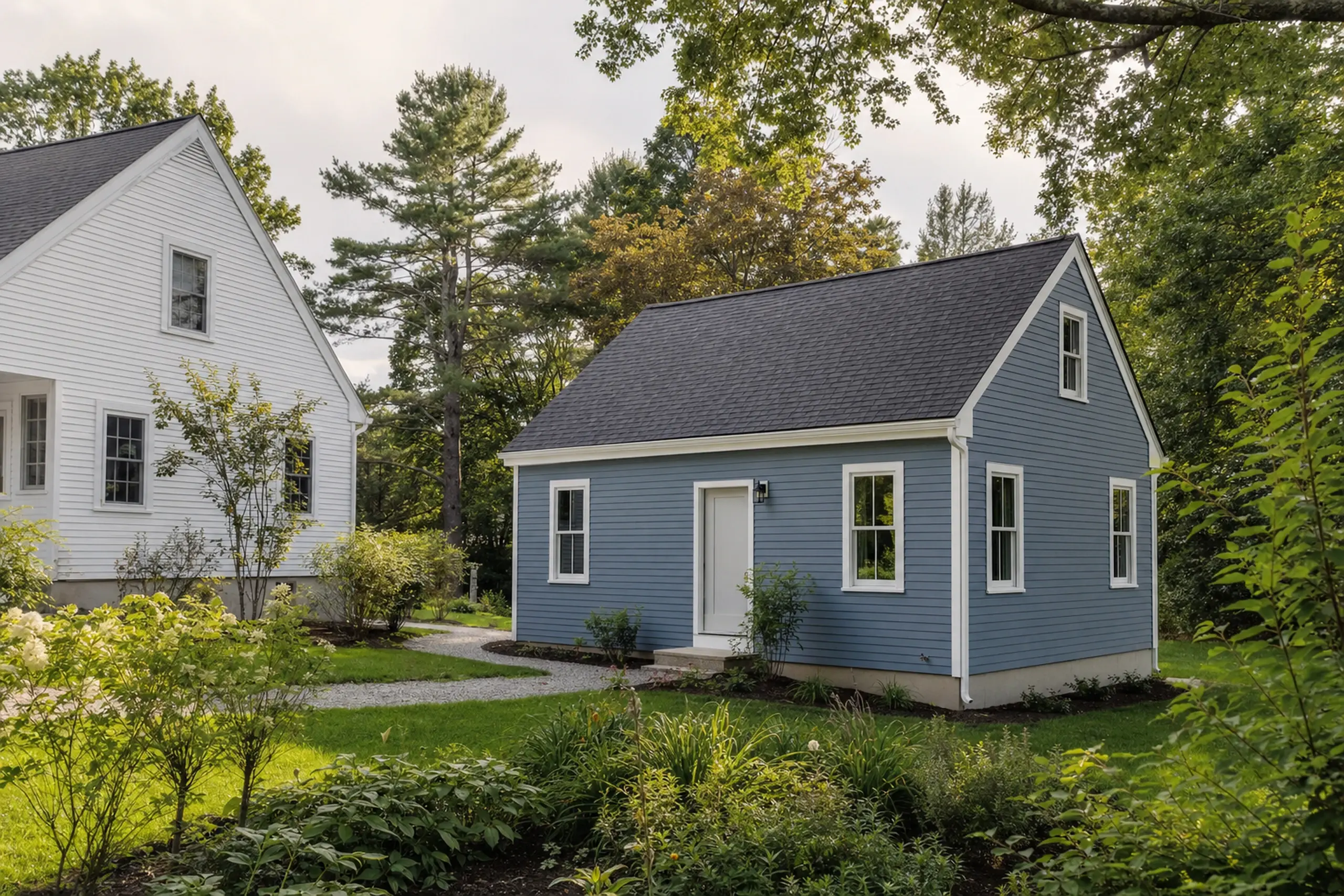 Blue and white houses in a green garden setting with trees and shrubs under a cloudy sky.