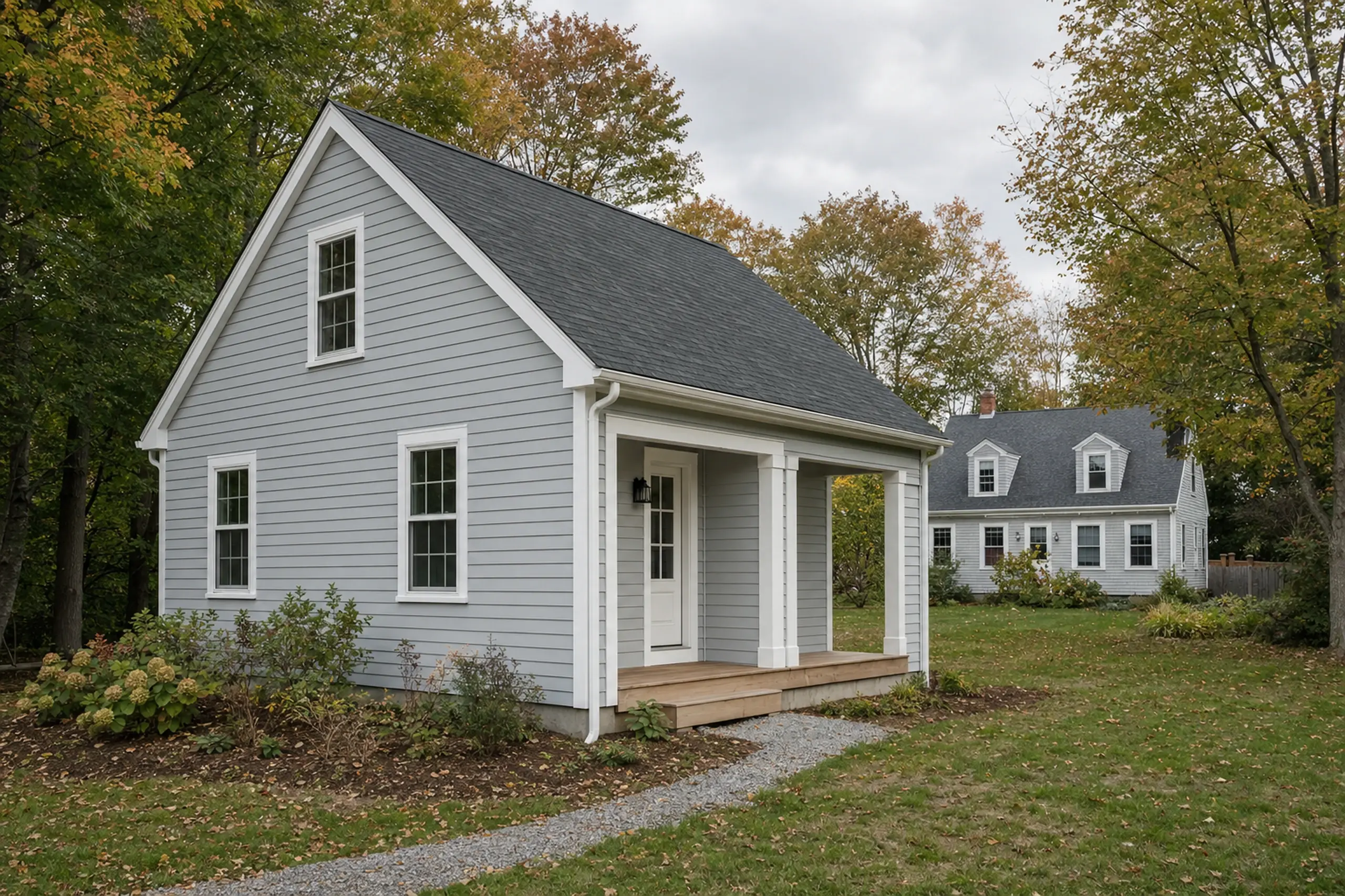 Gray house with white trim and black roof in a grassy yard with trees and shrubs.
