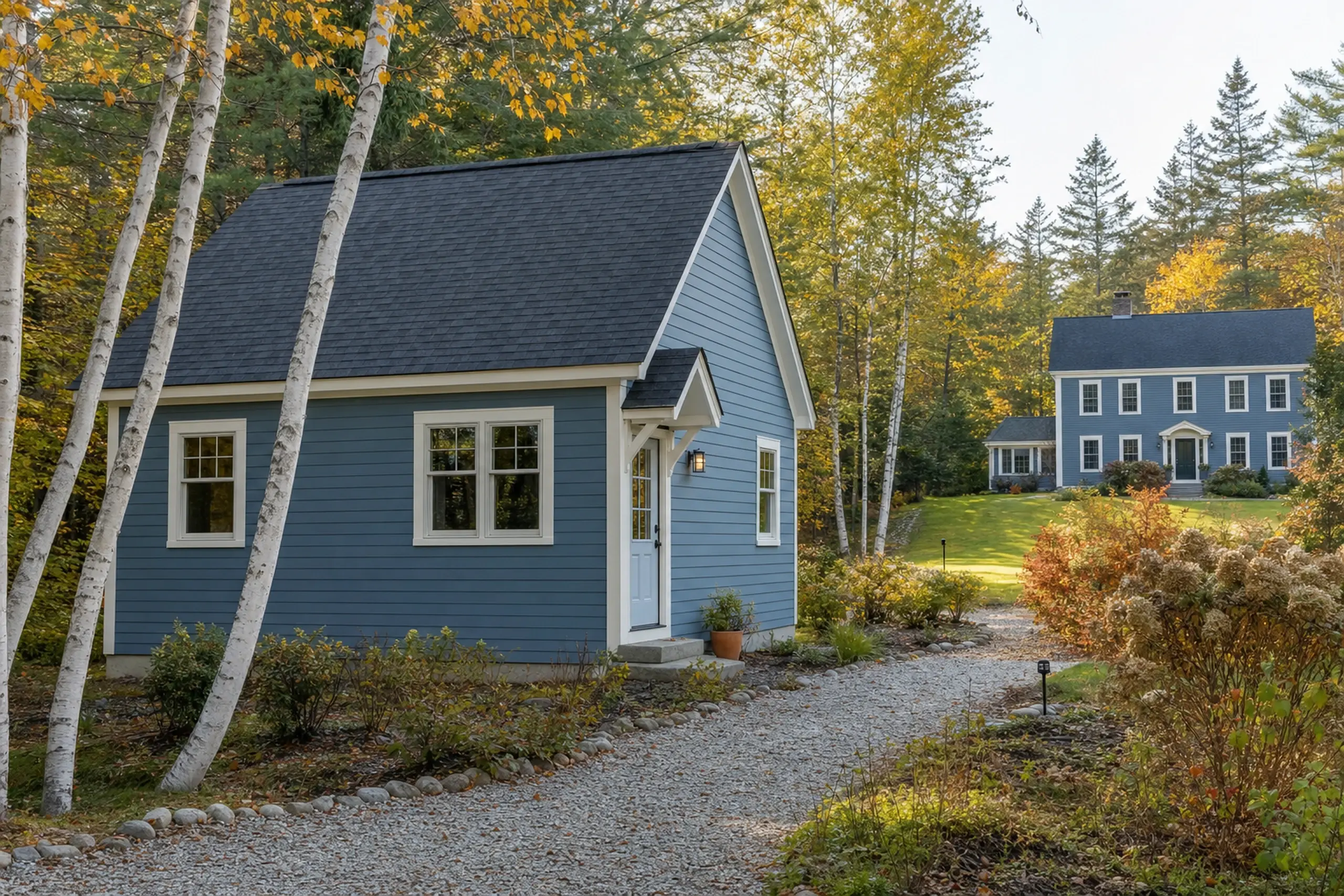 Two blue houses with white trim in a wooded, autumn setting with gravel path and trees.