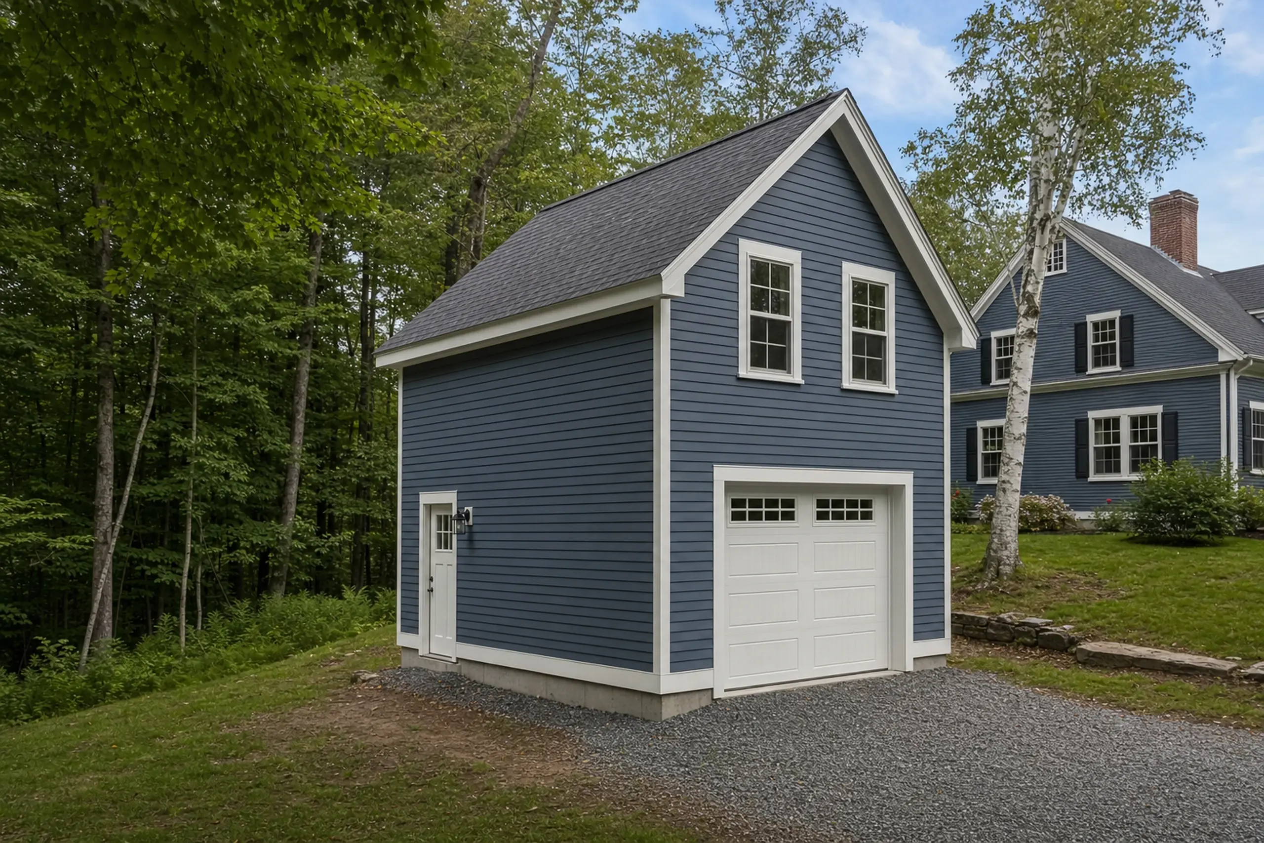 Blue two-story garage with white trim and door, set in a green wooded area with a gravel driveway.