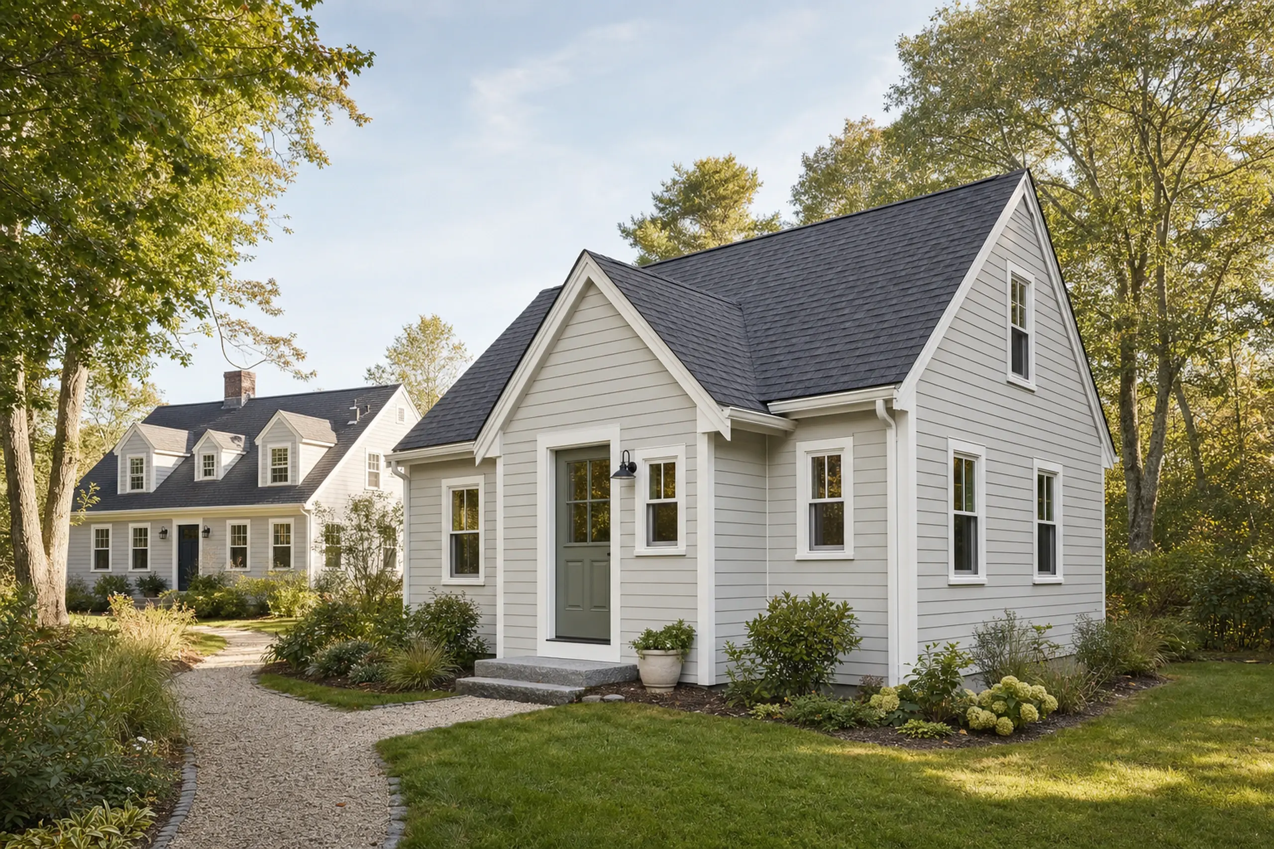 ADU builders in Biddeford, ME: Two light gray houses with dark roofs in a green garden setting under a clear sky.