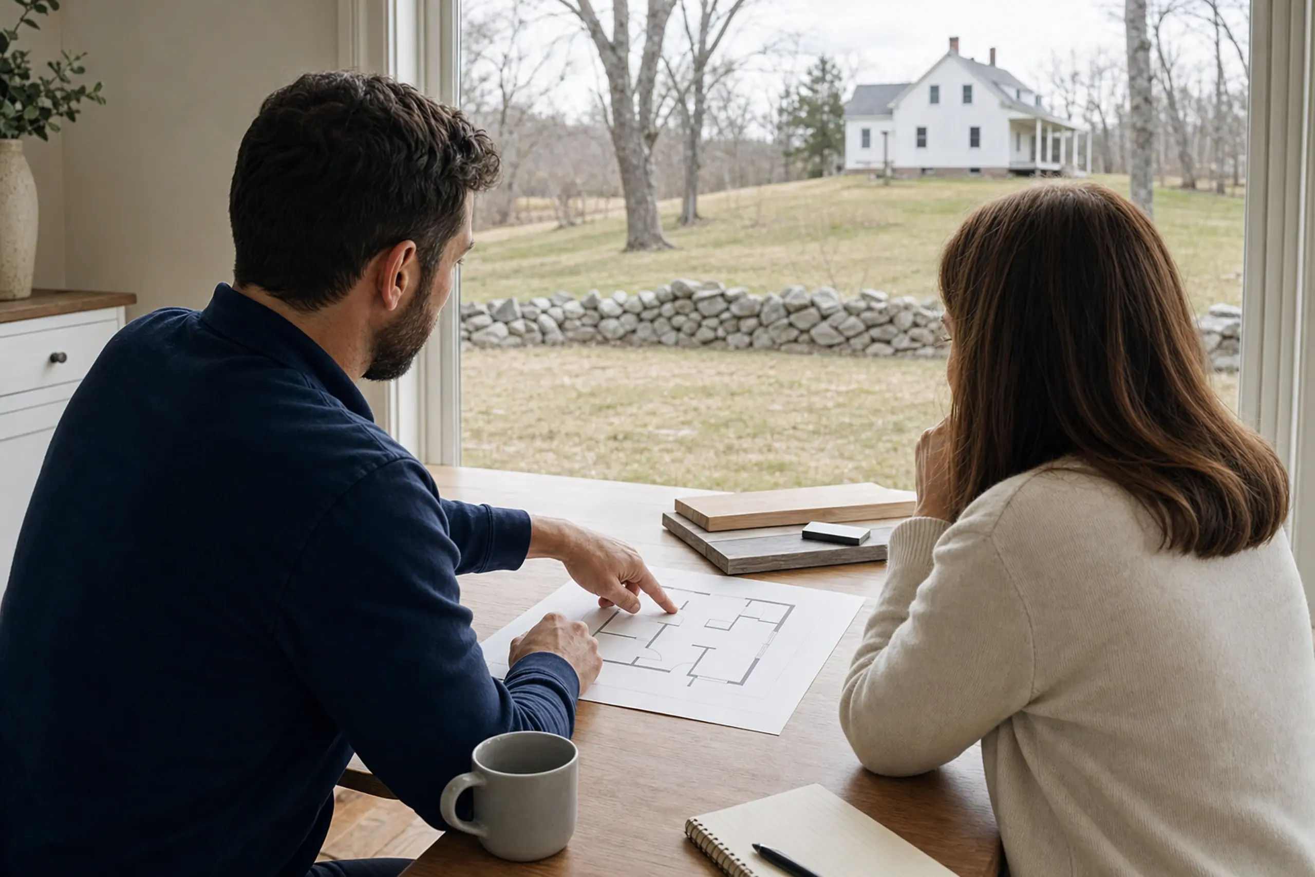 Two people sit at a wooden table inside, looking at a floor plan with a white house visible outside.