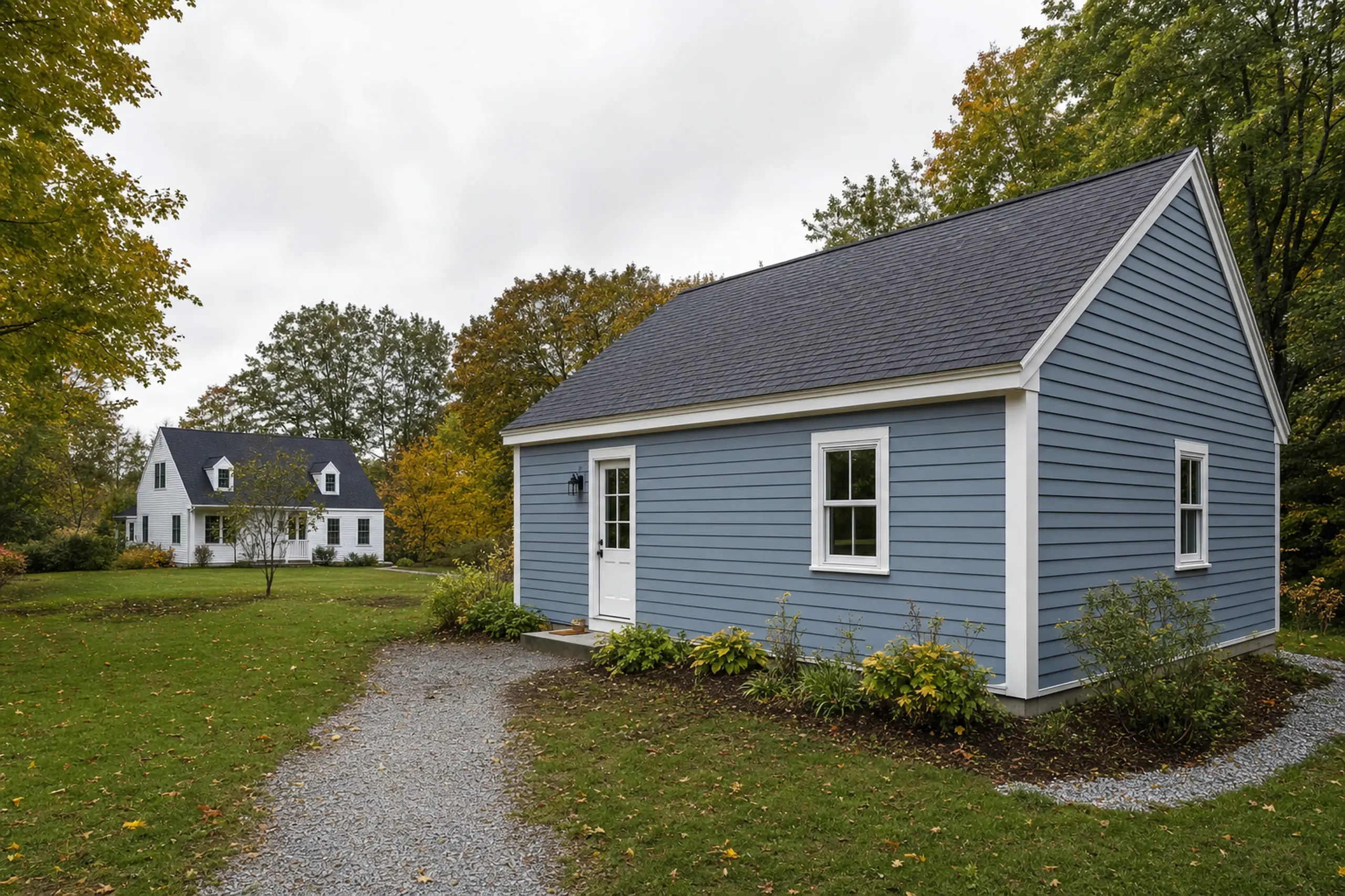 Blue single-story house with white trim and a gravel path in a green yard with trees.