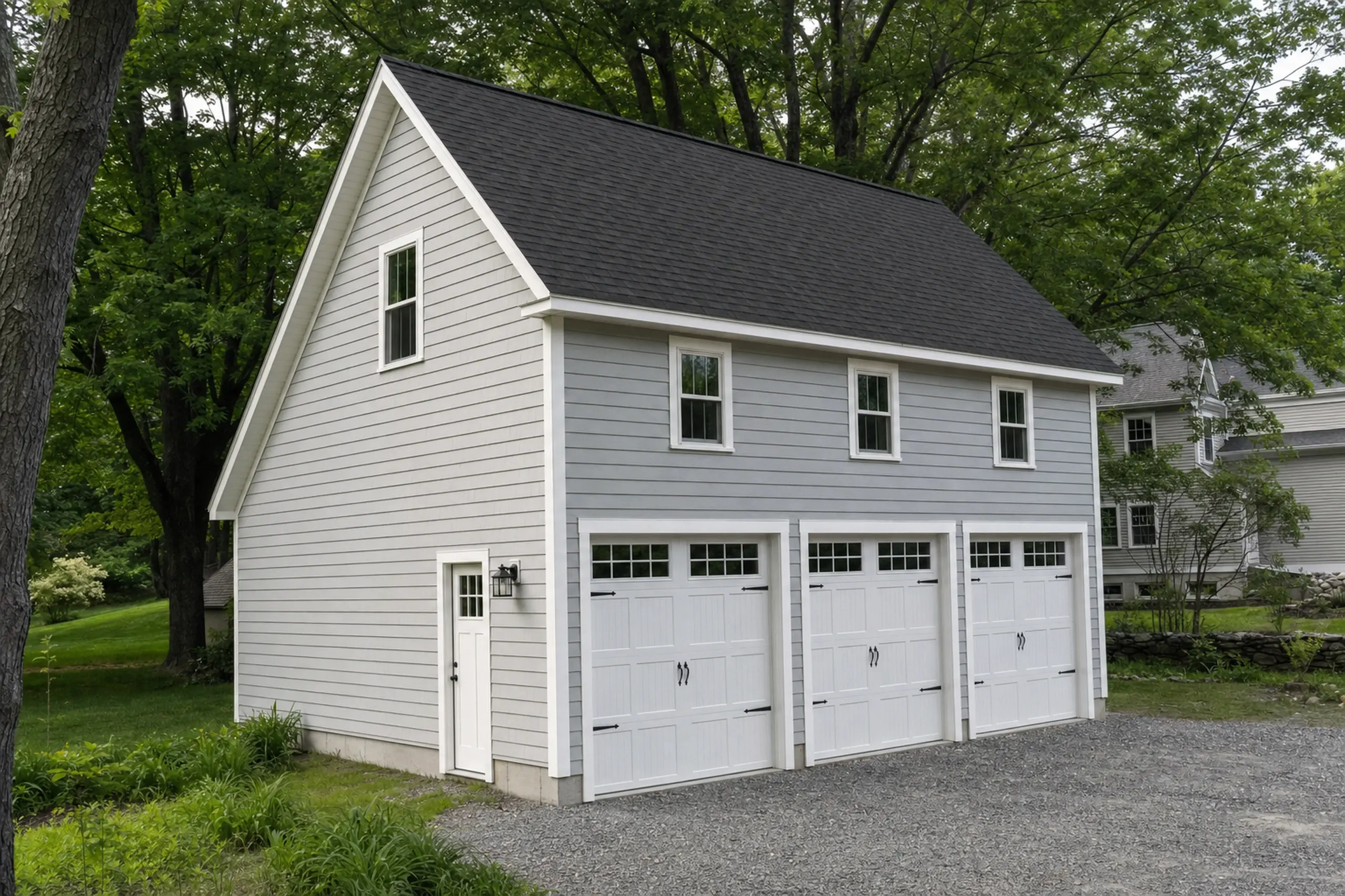 Gray two-story garage with three white doors and three upper windows in a green wooded setting.