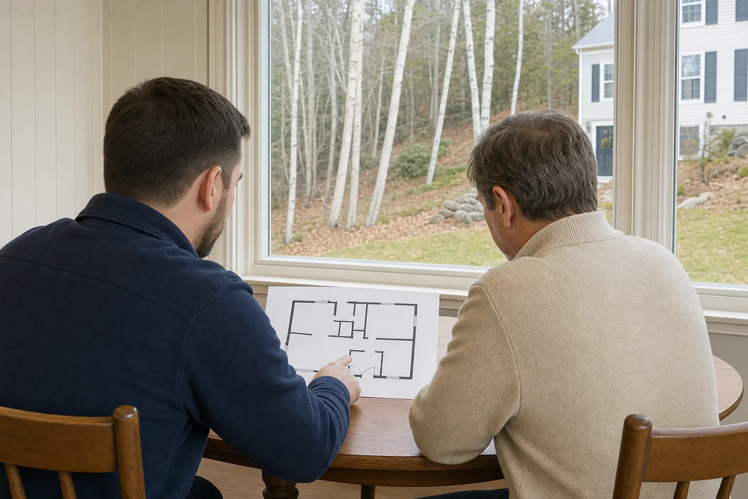 Two men sitting at a wooden table inside, looking at a floor plan with a window showing trees and a house outside.