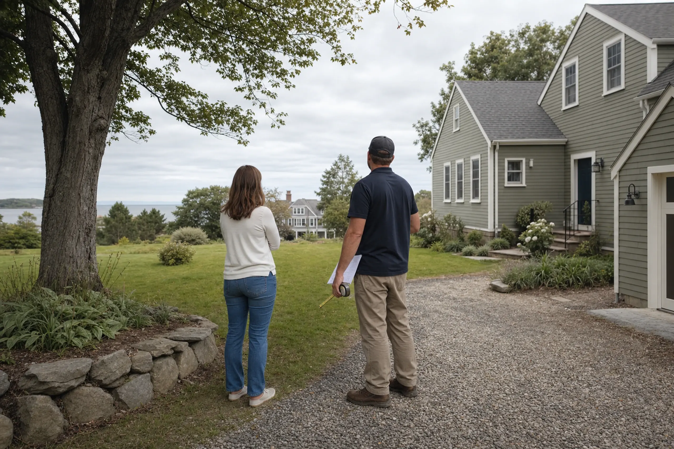 Two people stand on a gravel driveway near a green house with white trim and a tree.