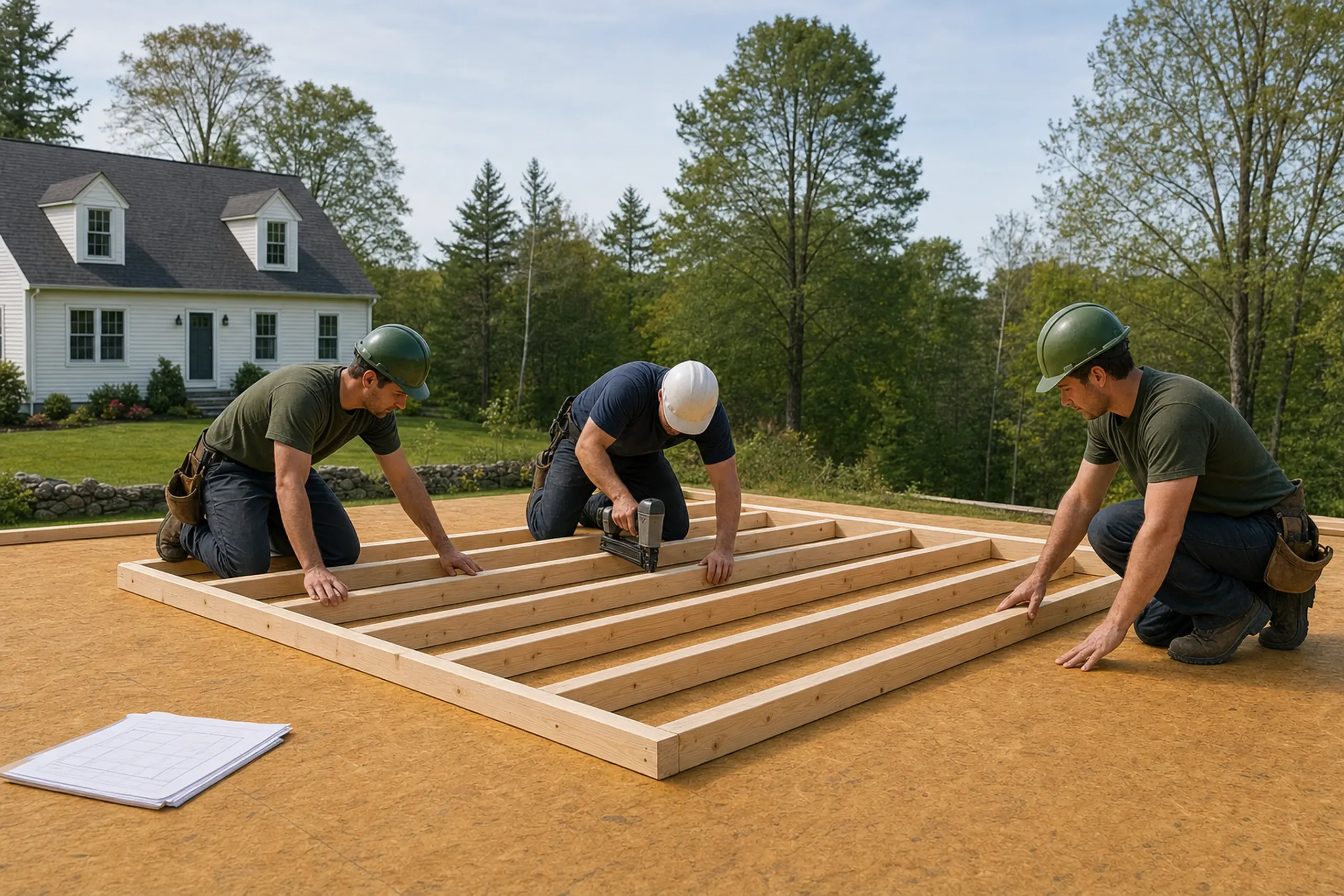 Three workers in helmets assembling a wooden frame on a flat surface outdoors near a white house.