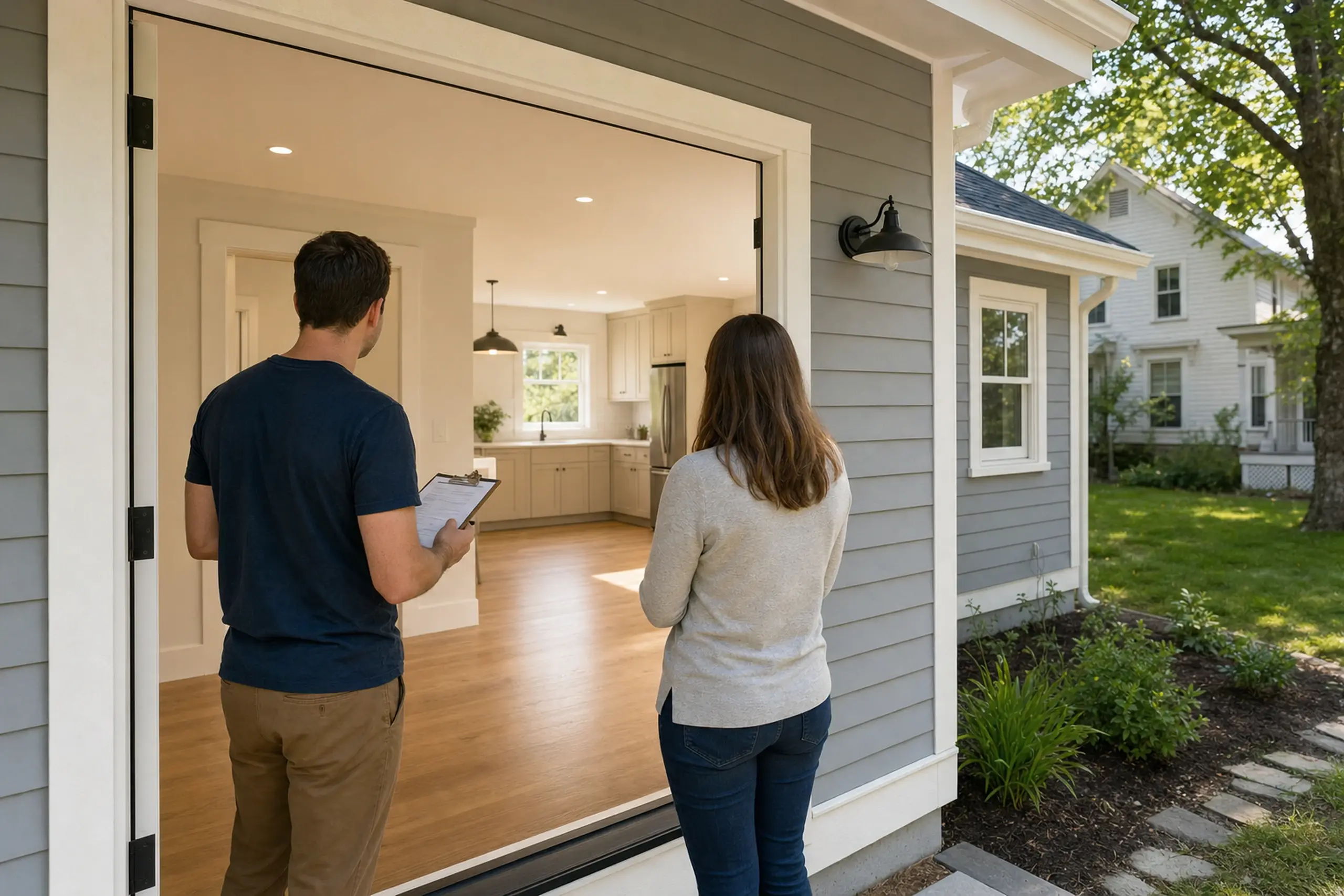 Two people stand outside a gray house with white trim, looking into a bright kitchen.