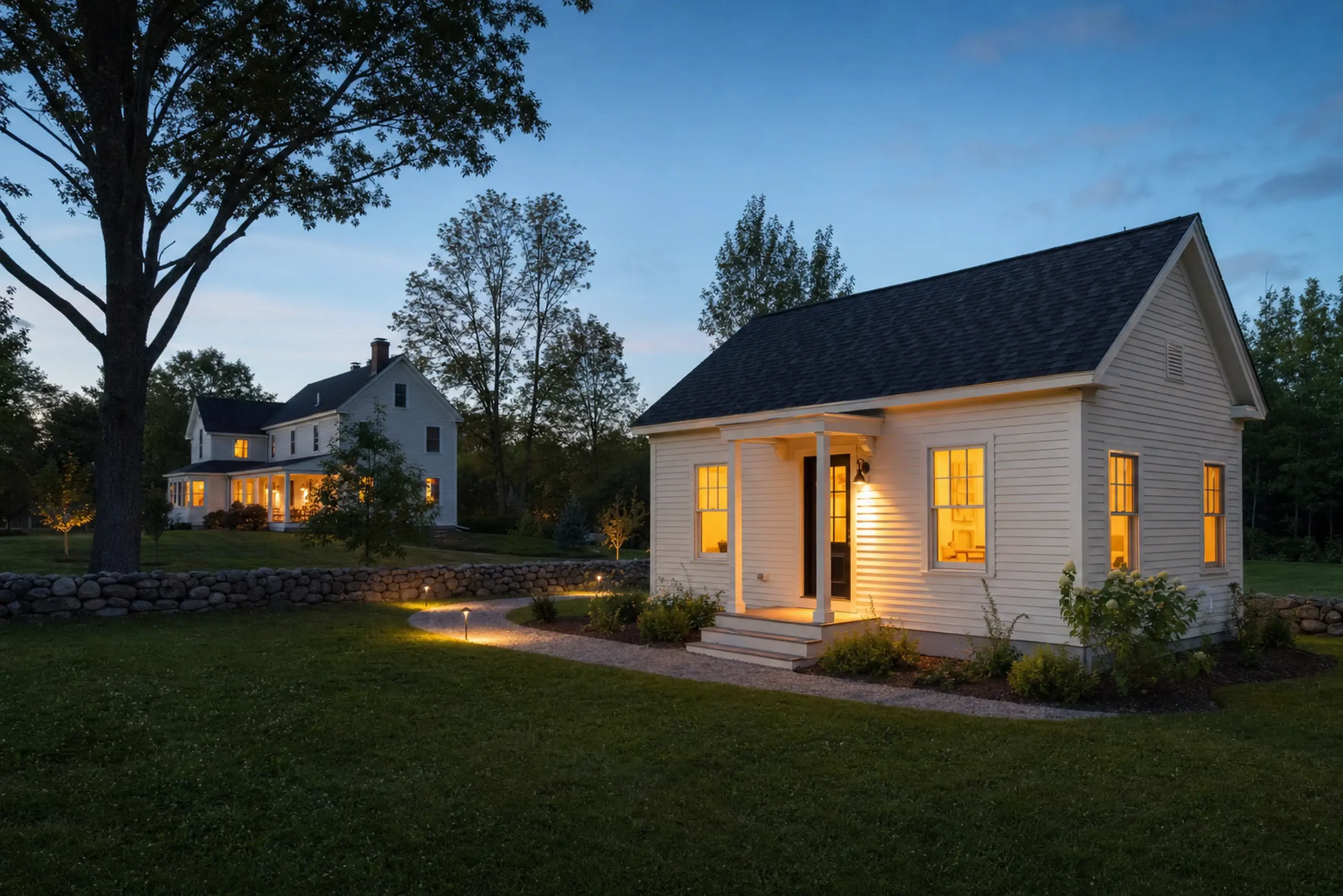 Two white houses with lit windows in a grassy yard at dusk with trees and stone walls.
