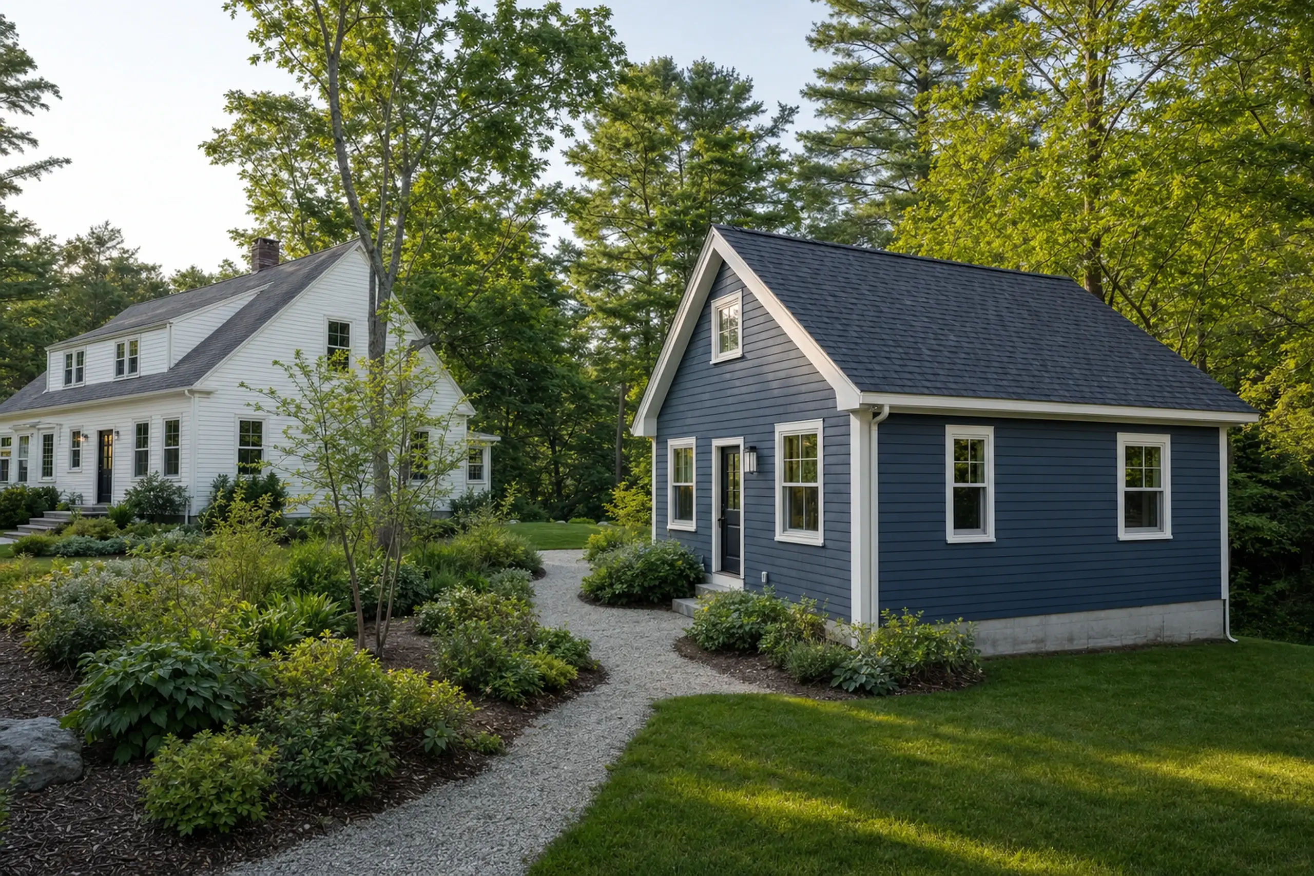 Two houses, one white and one blue, surrounded by green trees and bushes in a garden setting.