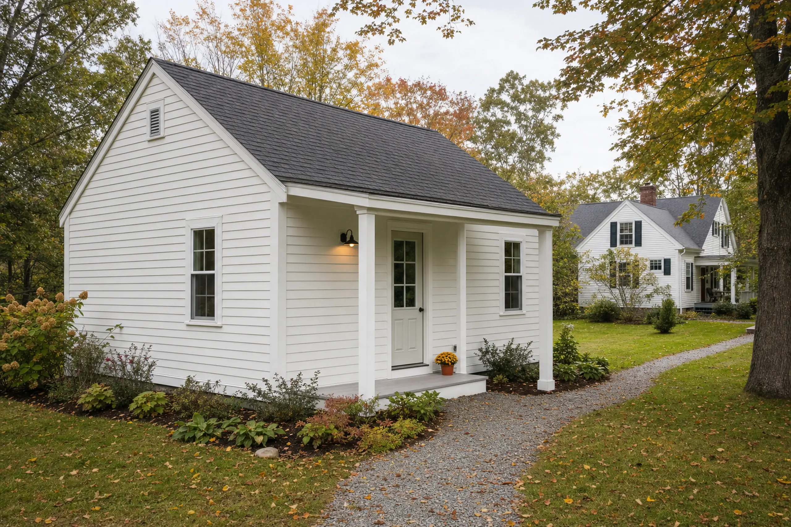 Small white house with black roof and porch light, surrounded by green lawn and trees.