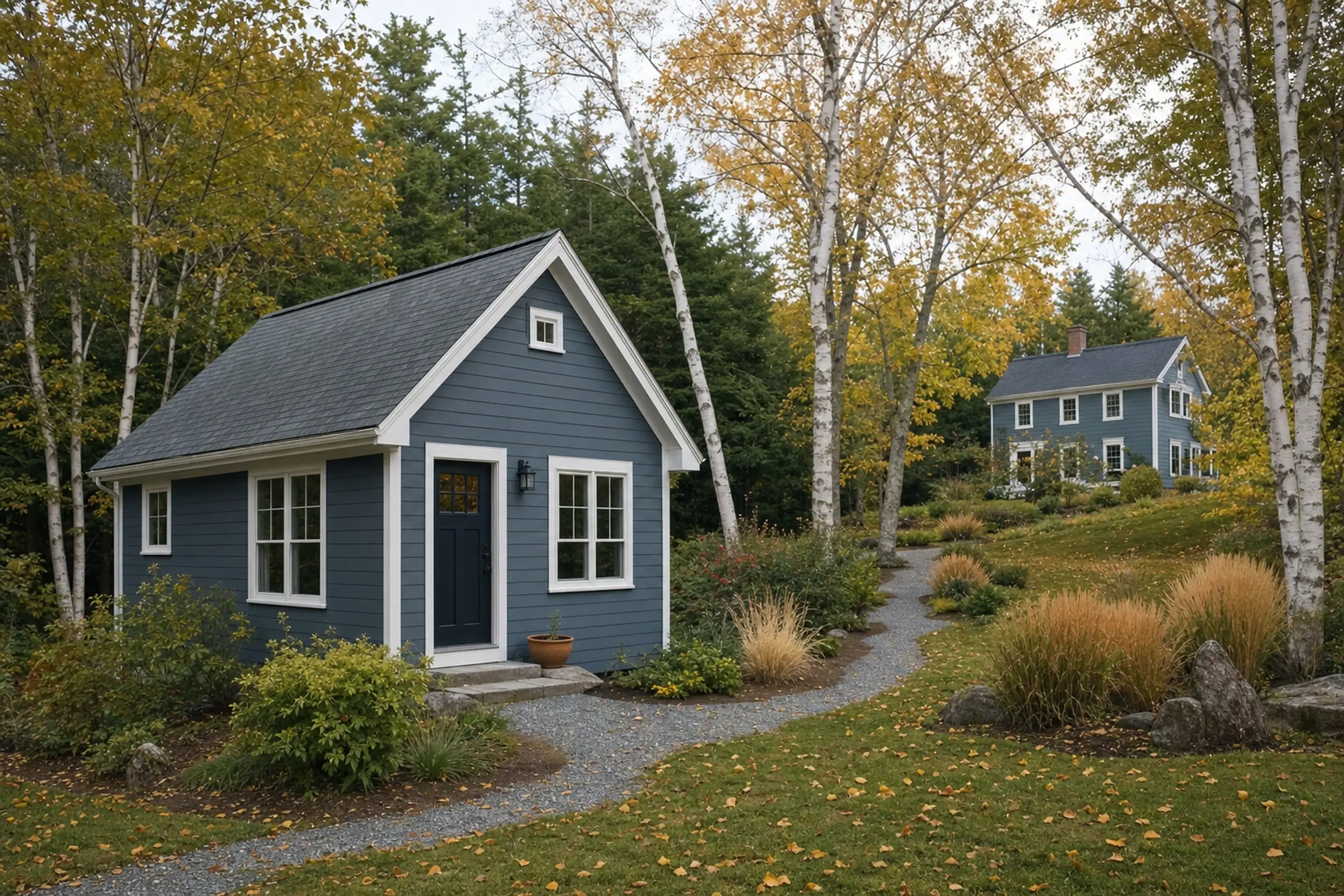Two blue houses with white trim in a wooded autumn setting with a gravel path.