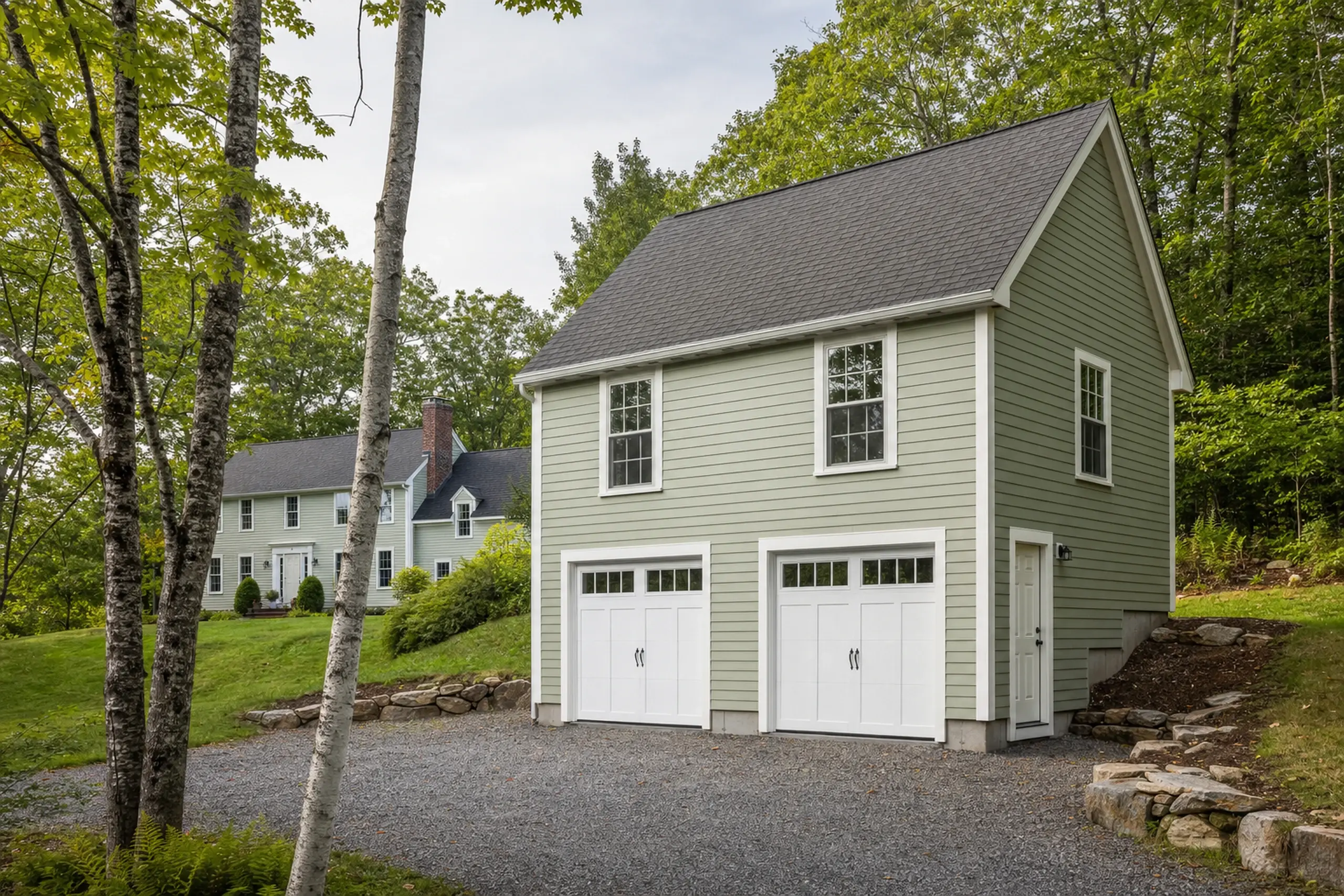 Green two-story garage with white doors and a side door, set in a wooded area with gravel driveway.