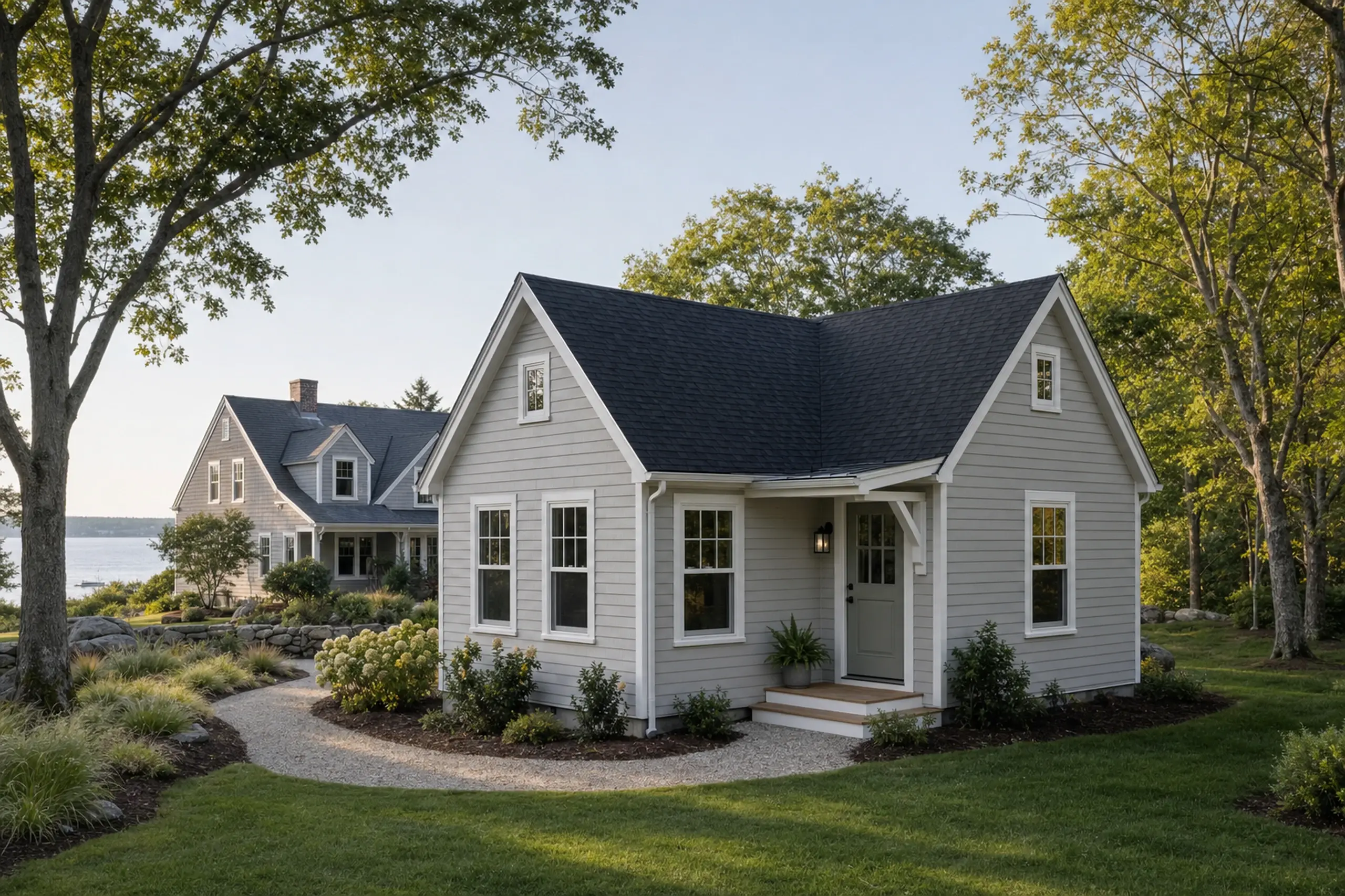 ADU builders in Buxton, ME: Small gray house with white trim and black roof in a green, tree-filled yard near water.