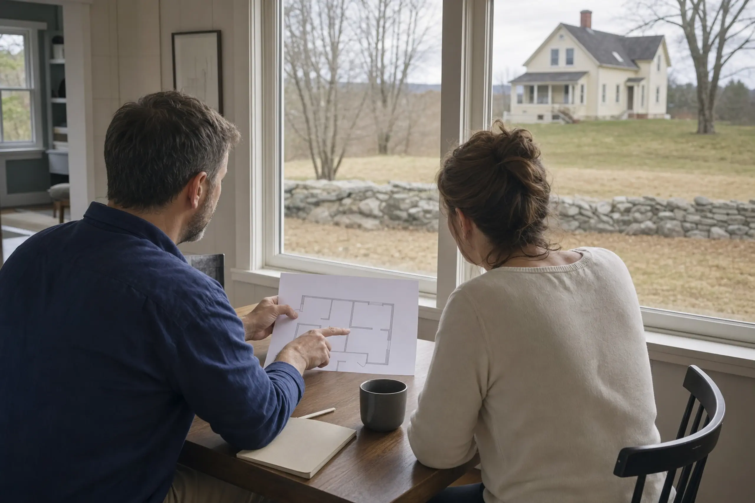 Two people inside a house looking at a floor plan with a yellow house visible outside the window.