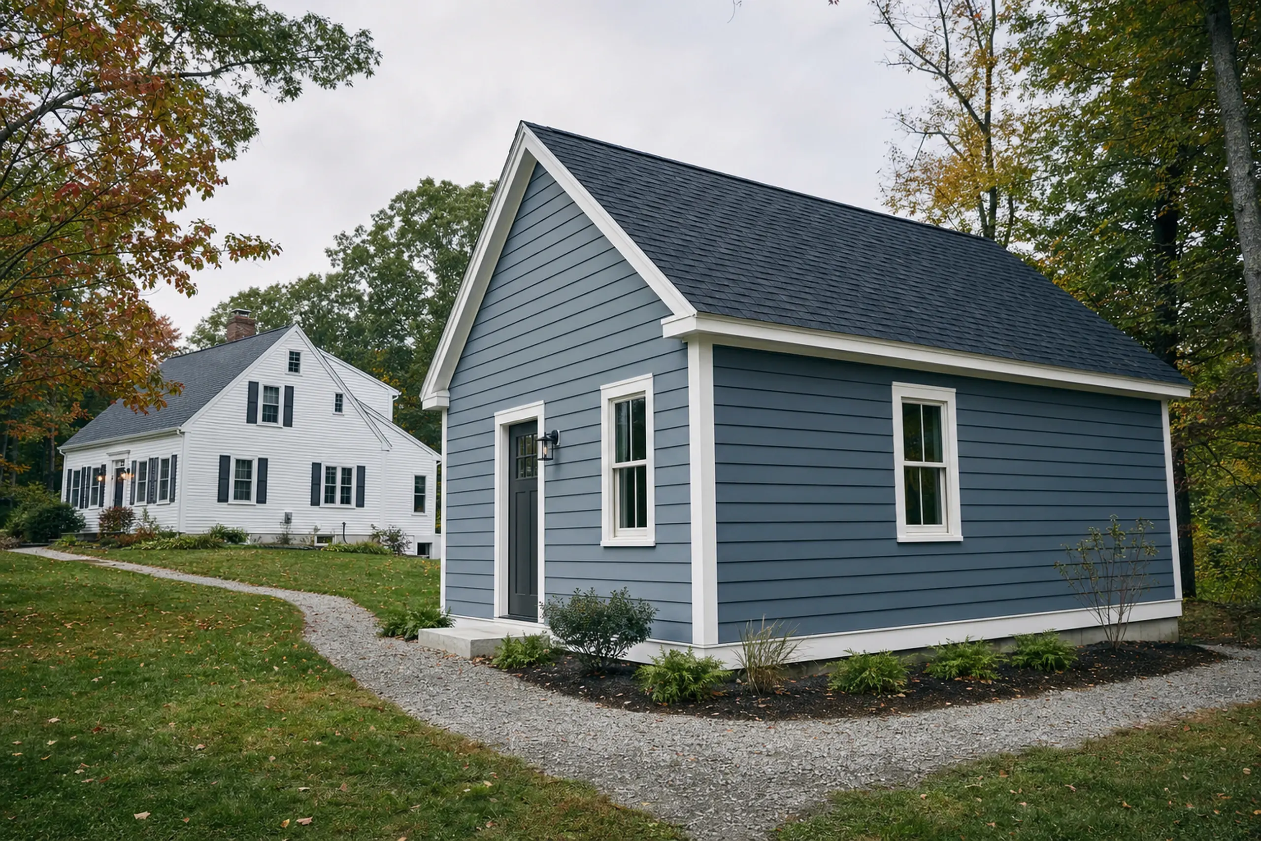 Blue single-story house with white trim and black door, set in a grassy yard with a gravel path.