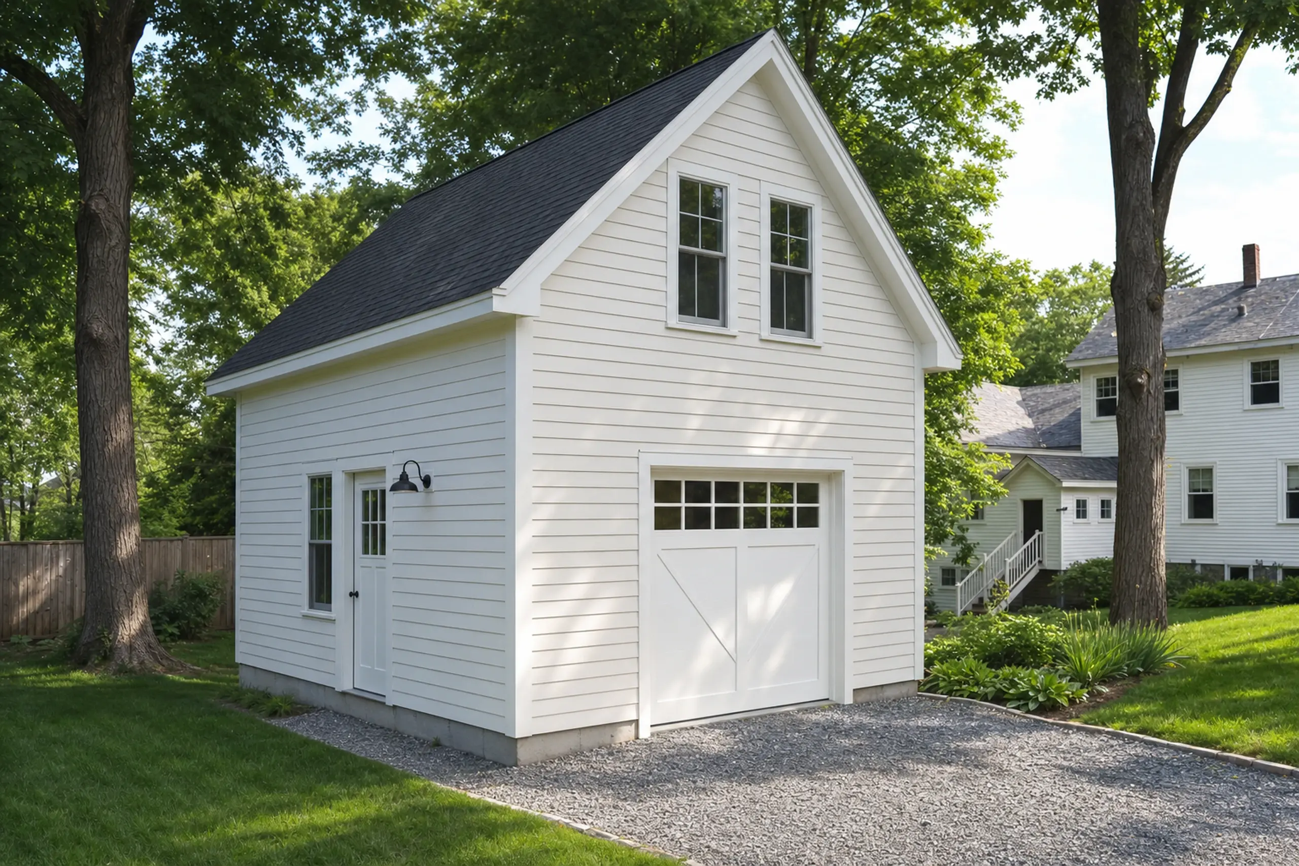 White two-story garage with black roof, gravel driveway, and green trees around.