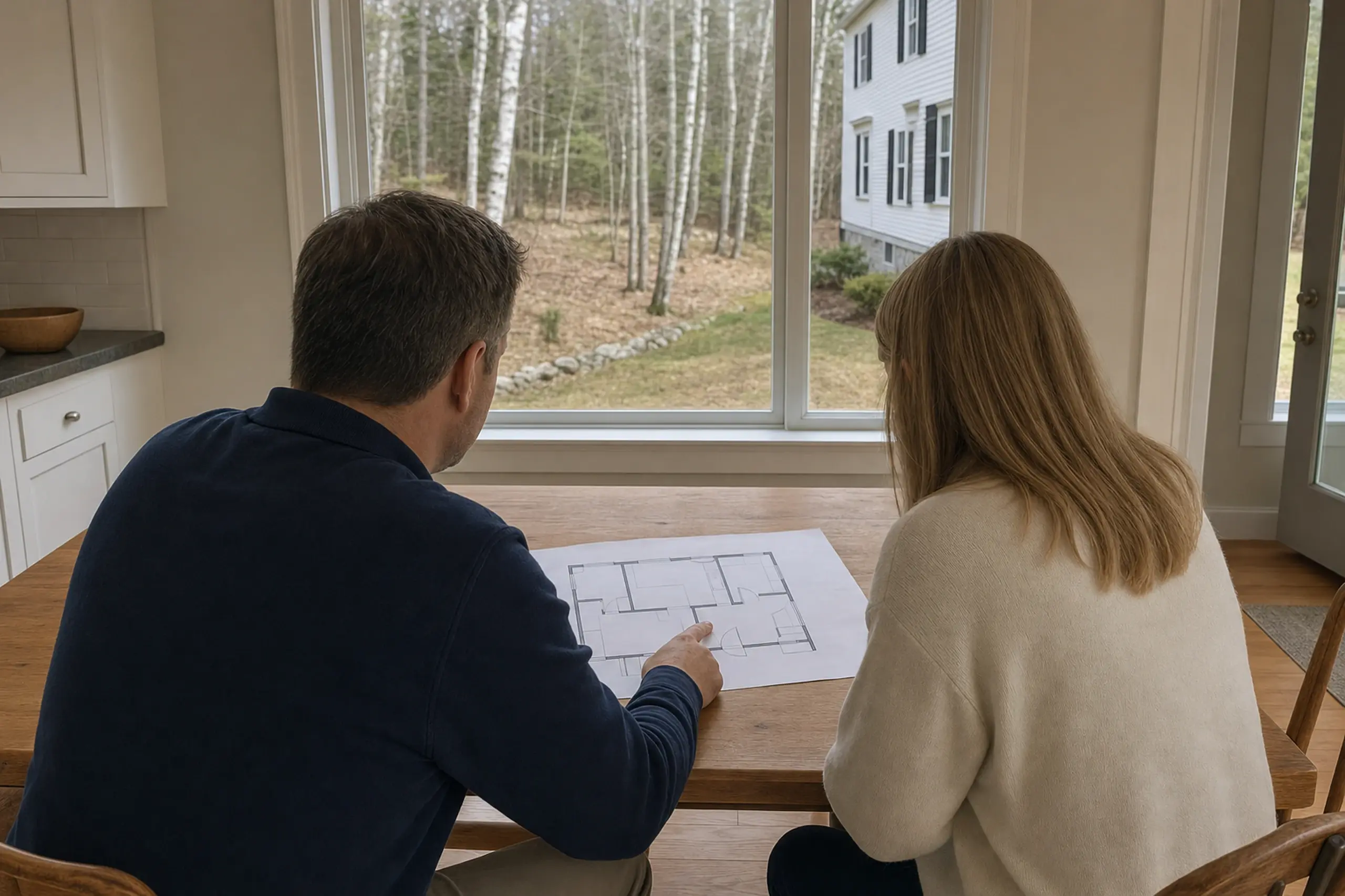 Two people sit at a wooden table inside a house, looking at a floor plan with a window showing trees and a white building.