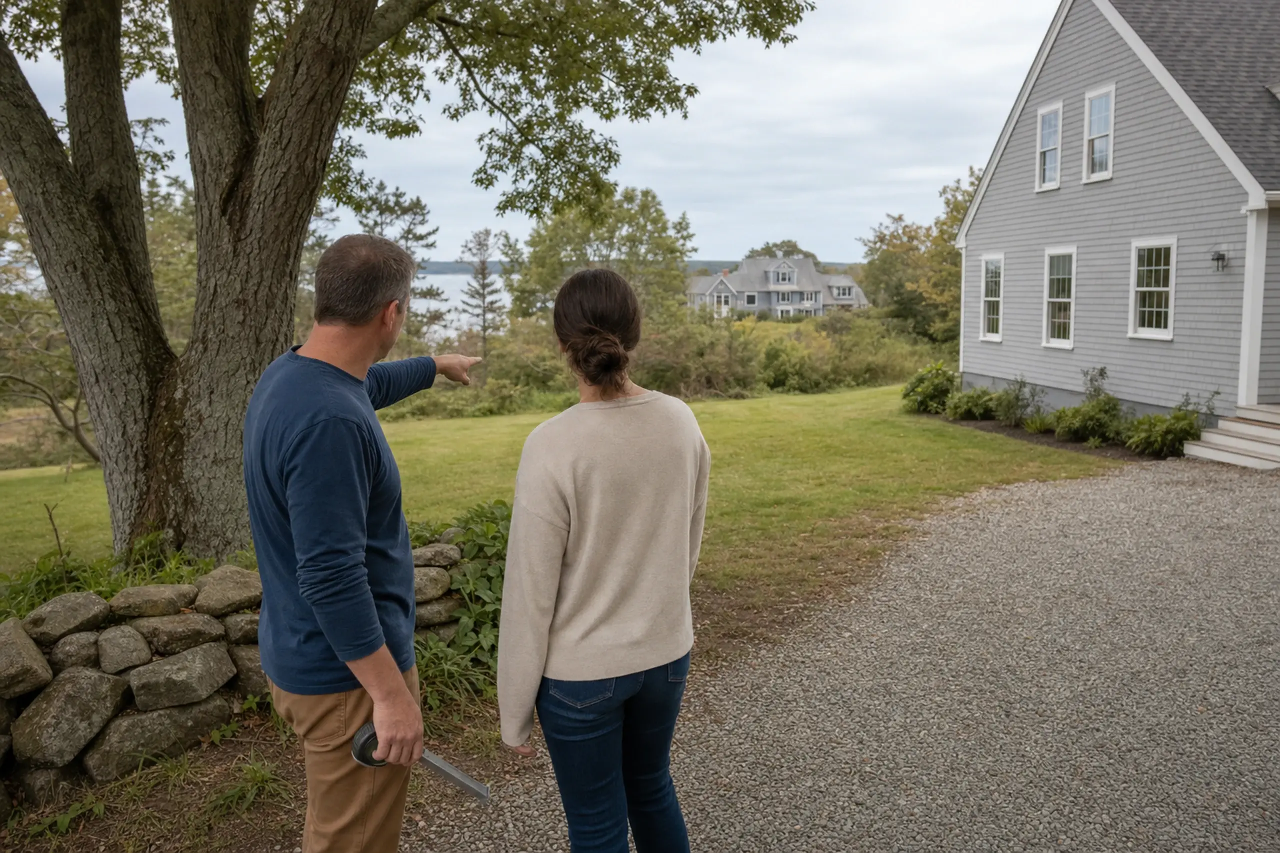 Two people stand near a gray house with white trim on a gravel driveway in a green yard.