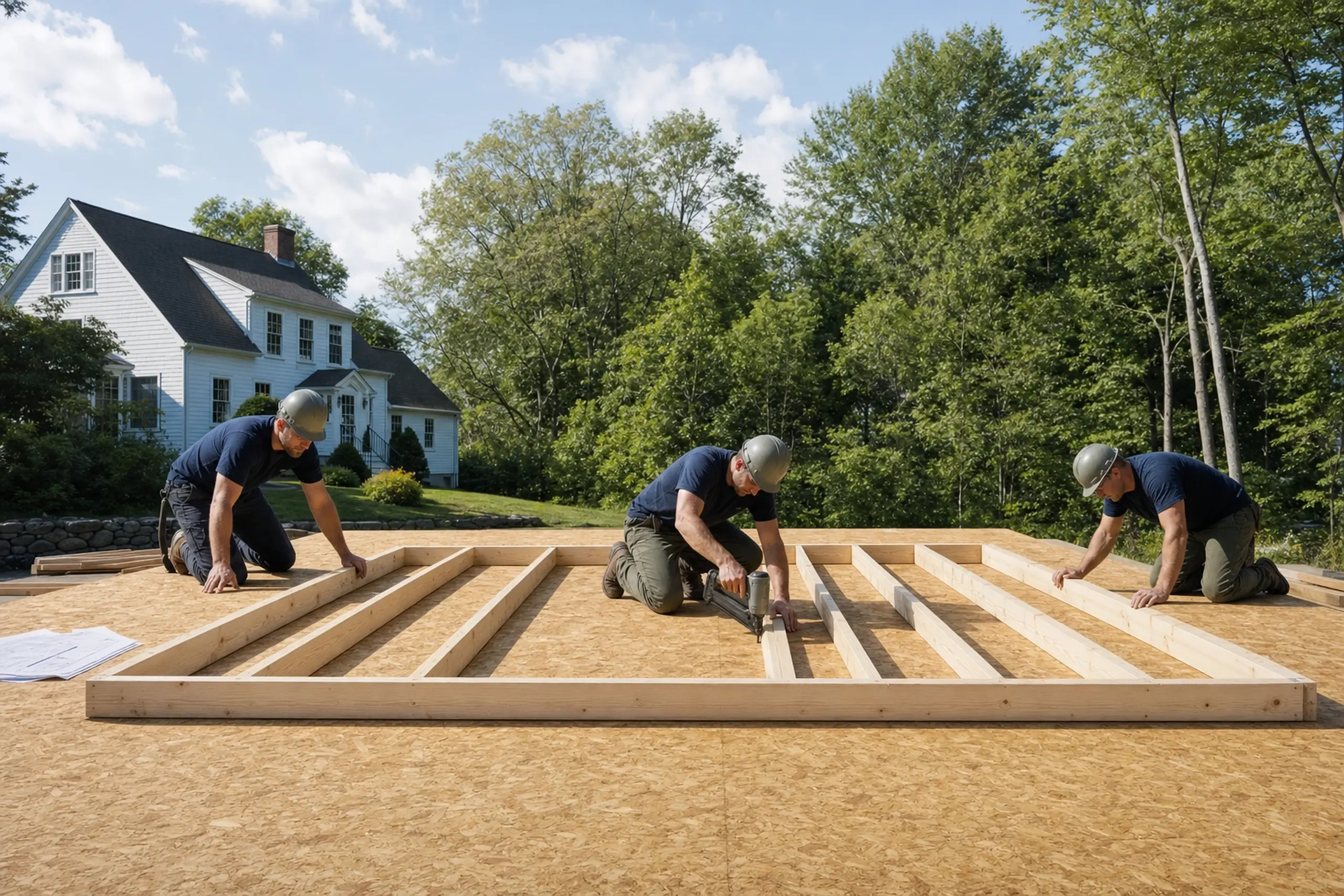 Three workers in helmets assembling wooden frame on plywood floor outdoors near white house.
