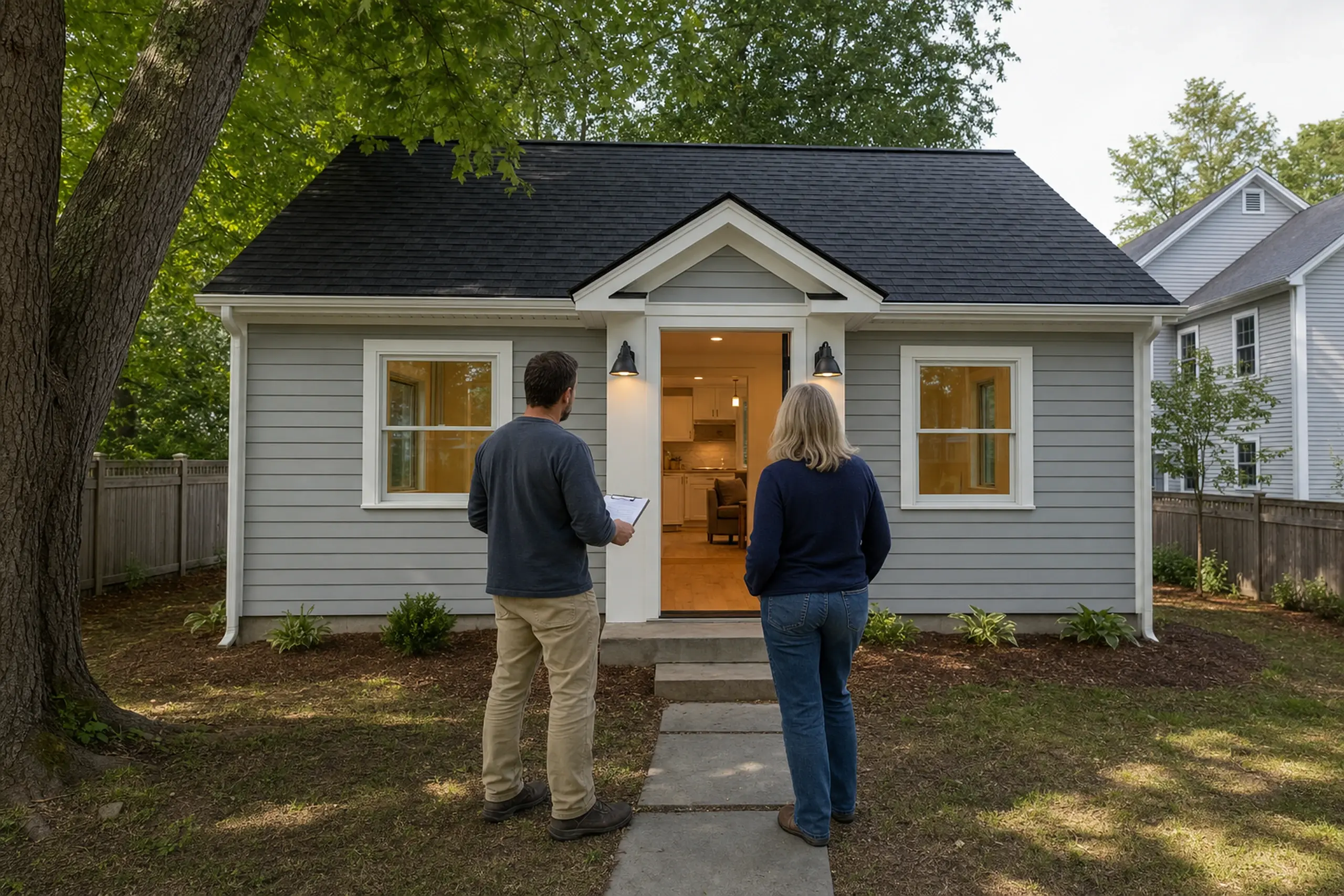 Gray house with black roof and white trim, two people standing outside on a lawn.