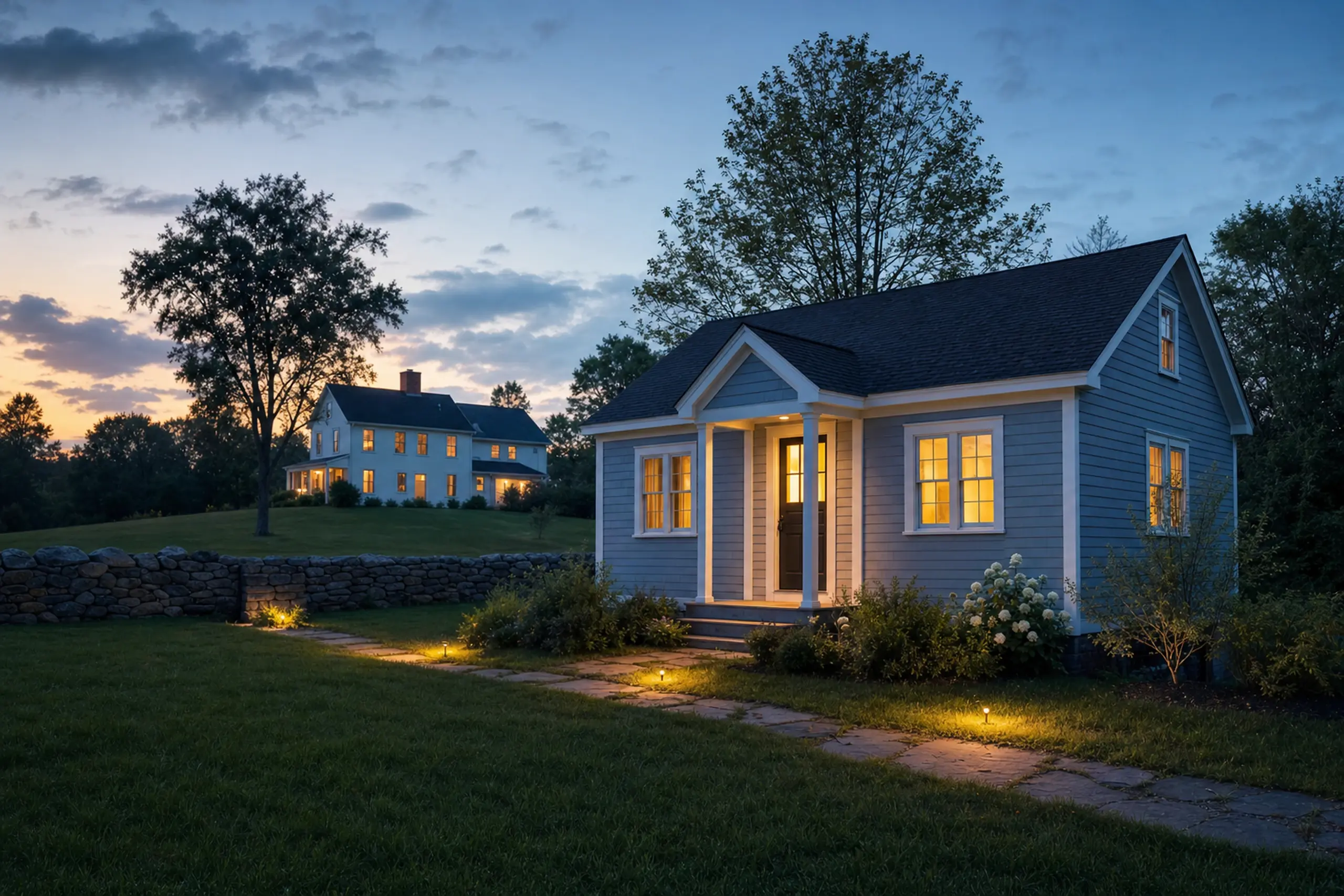 Blue house with white trim and lit windows in a grassy yard at dusk with a stone wall and another house in background.