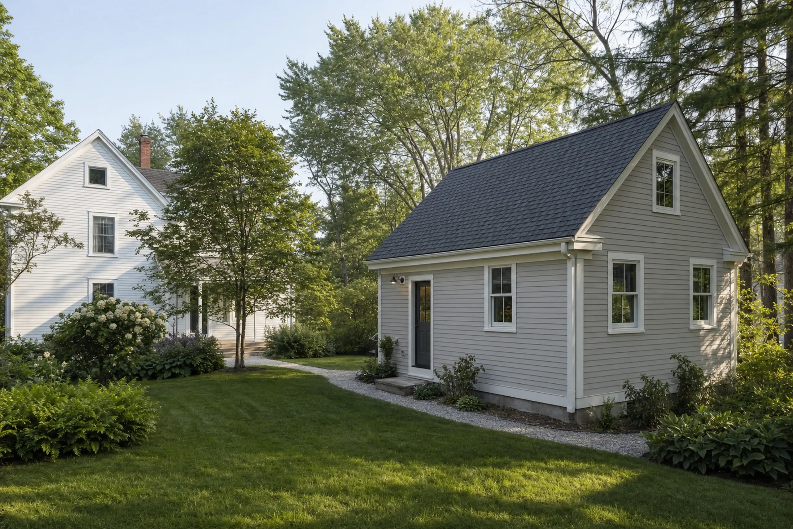 Two light-colored houses with pitched roofs in a green yard with trees and shrubs.