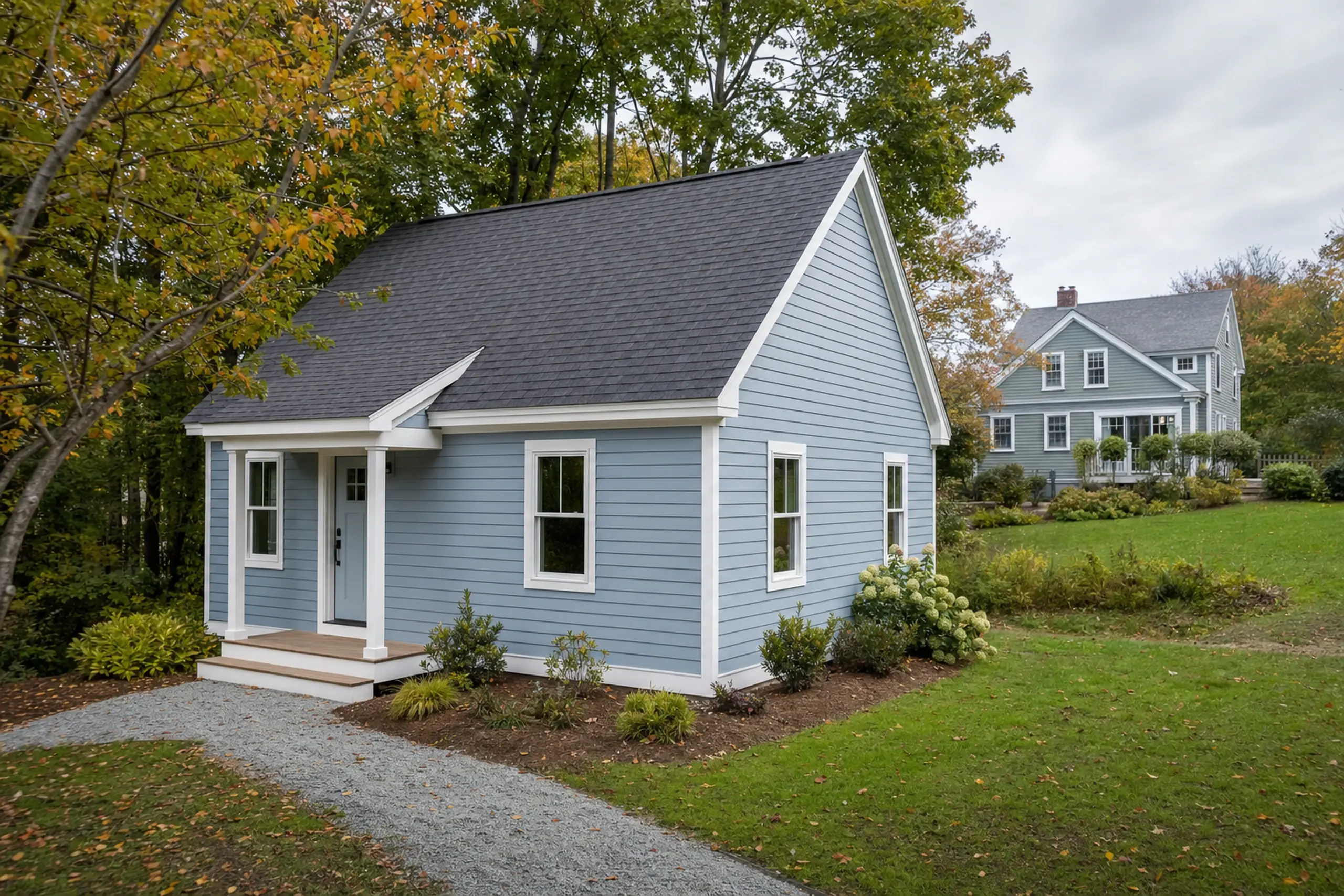 Small blue house with white trim and gray roof in a green yard with trees and another house in background.
