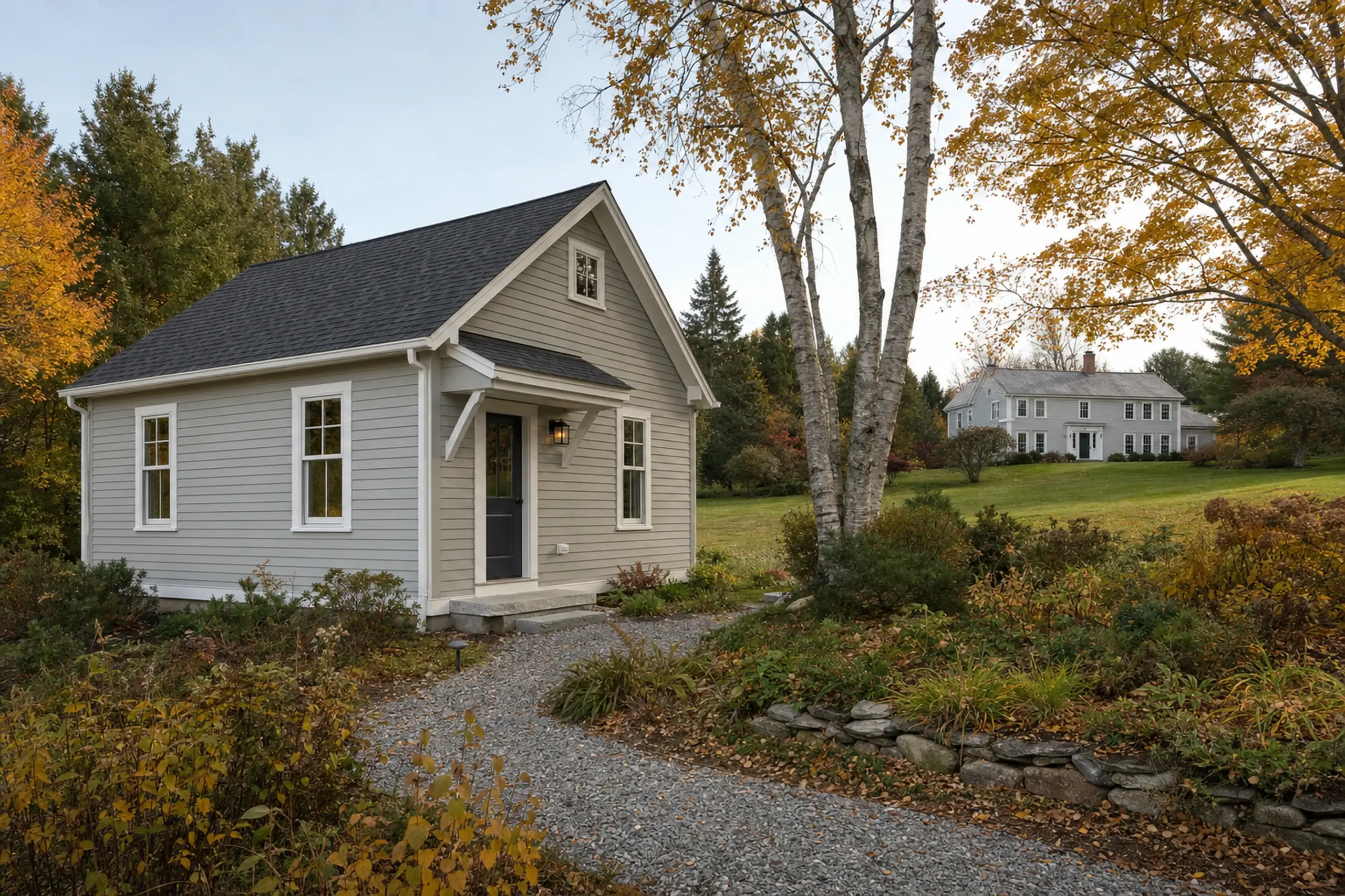 Gray house with white trim and black door in a leafy autumn setting with a gravel path.