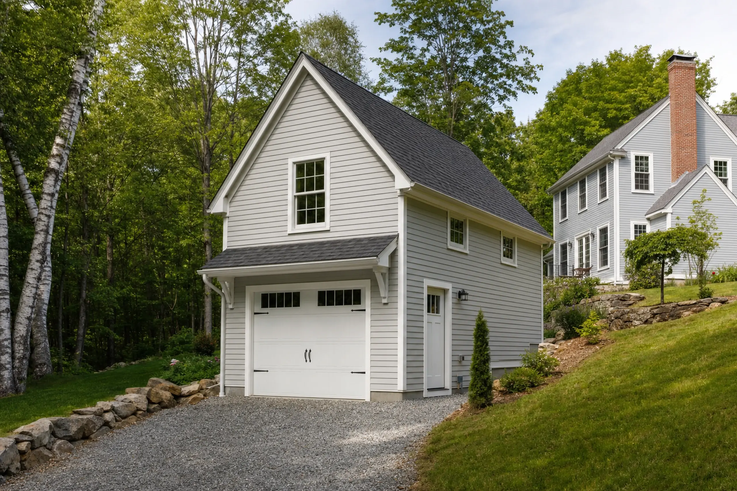 Gray two-story garage with white trim and a white door, set in a green wooded area.