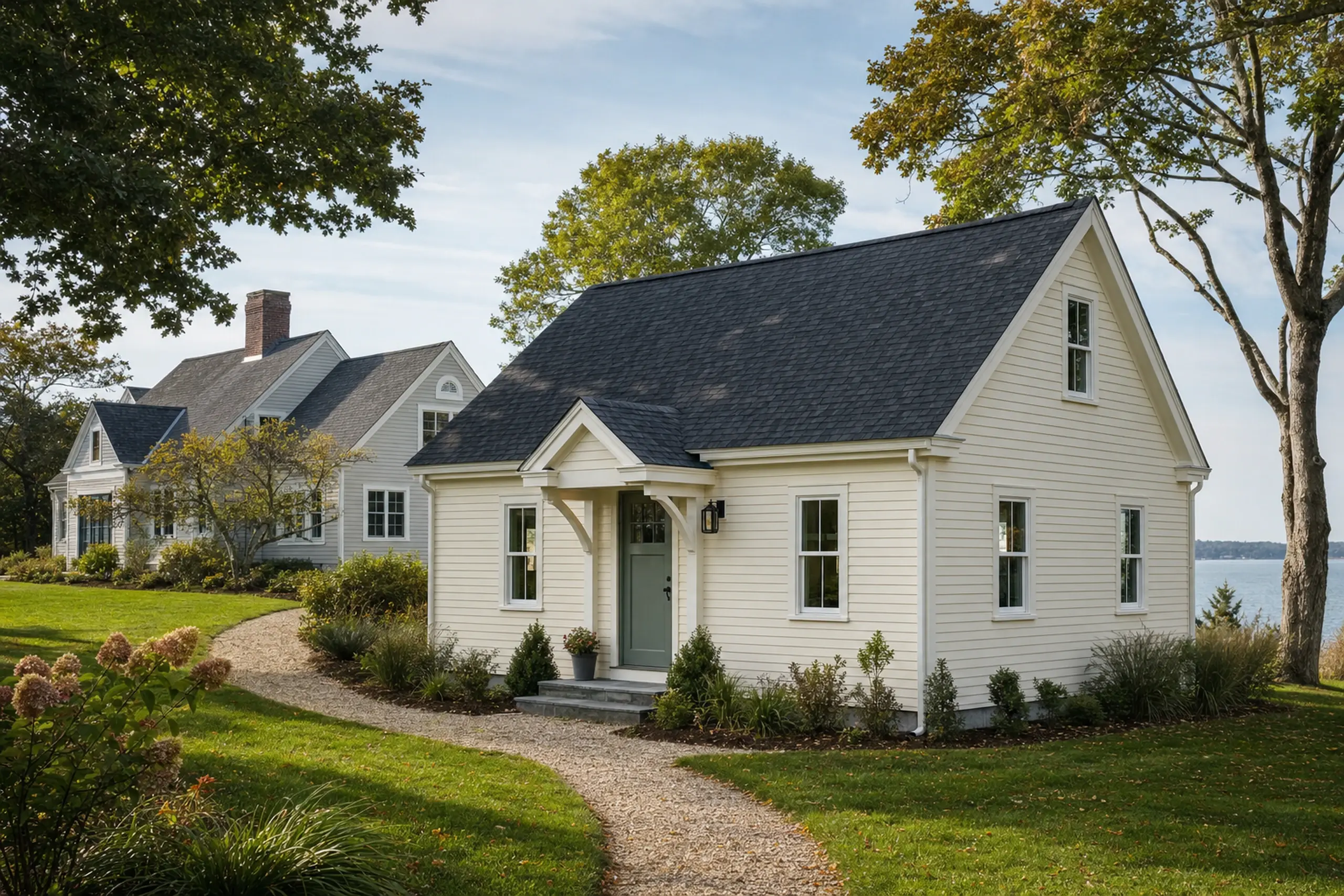ADU builders in Cape Elizabeth, ME: Two cream-colored houses with dark roofs in a green yard near water under a blue sky.