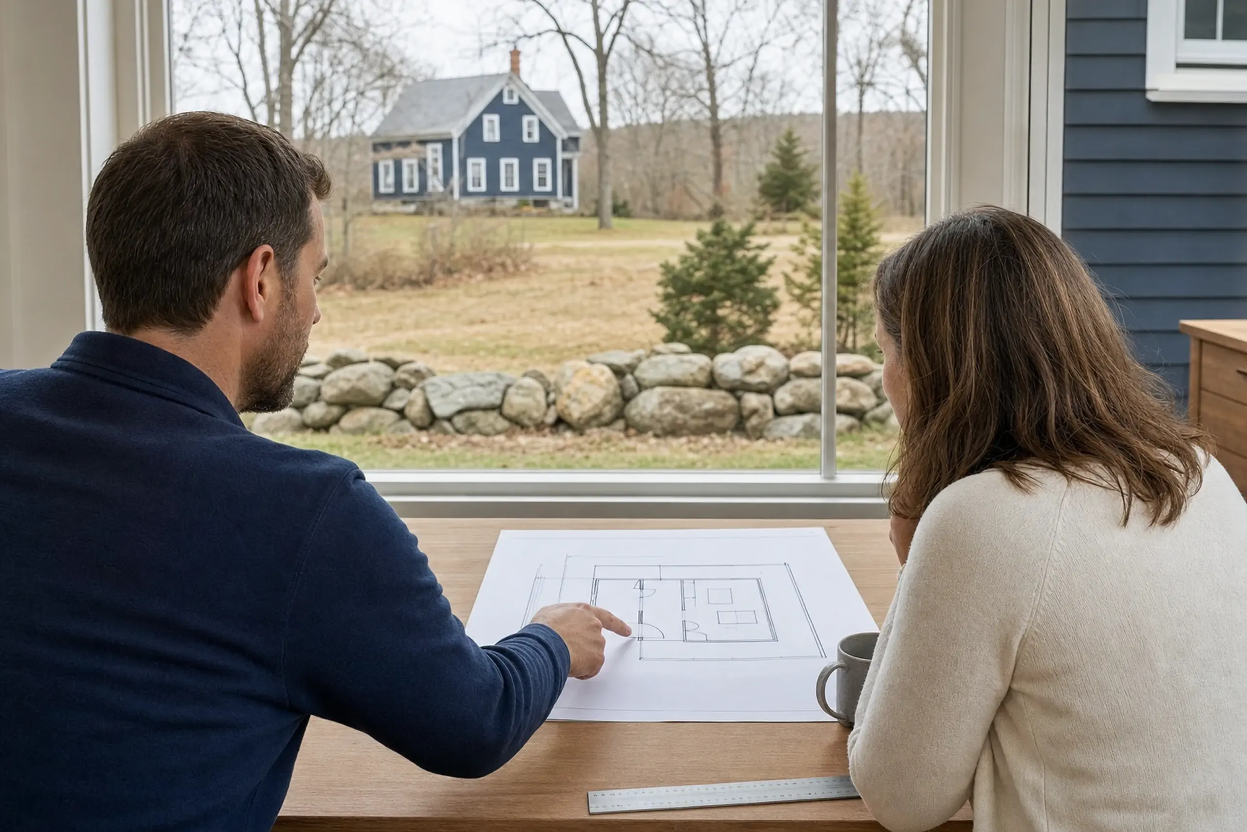 Two people inside a room looking at a floor plan with a blue house visible outside the window.
