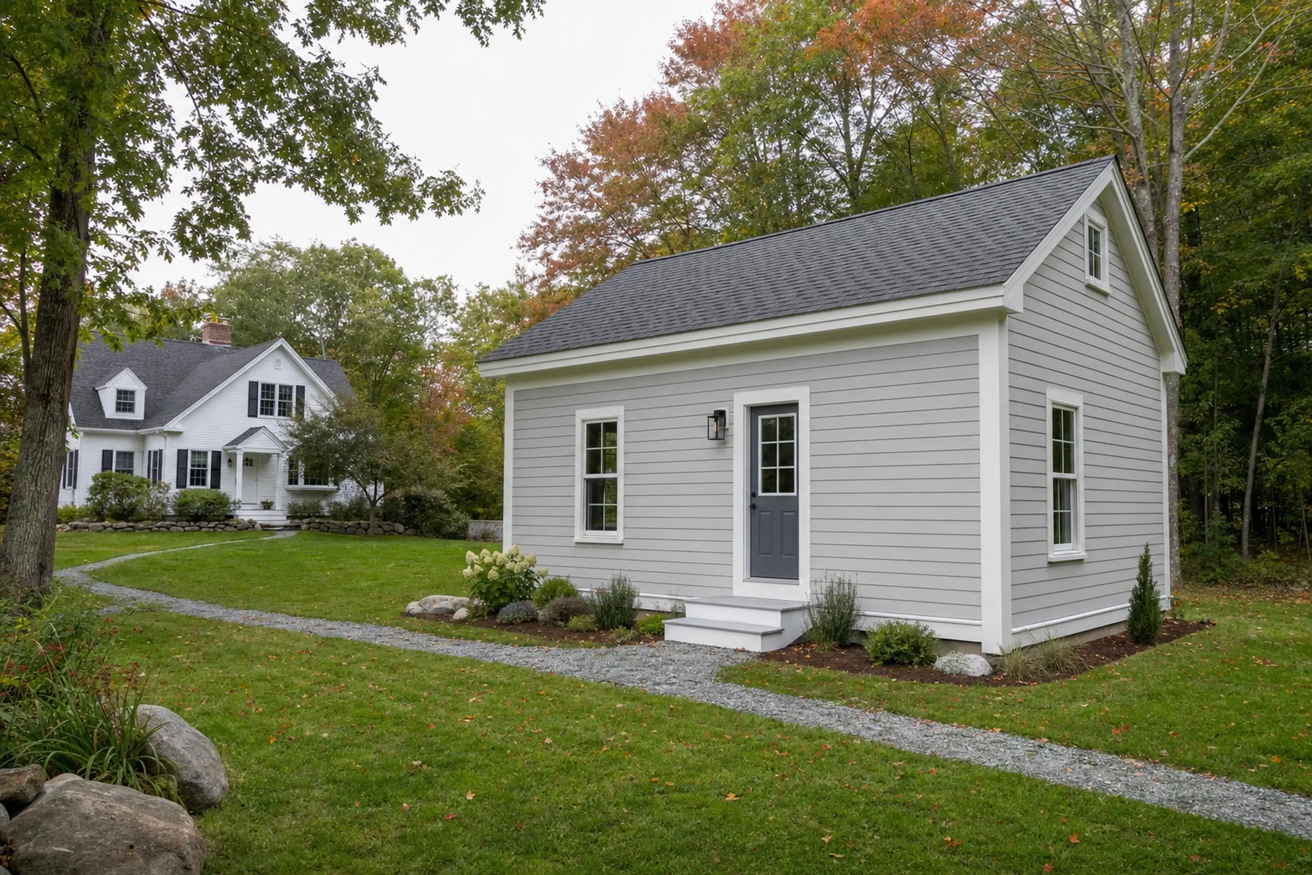 Gray small house with white trim and dark door in a green yard with trees and a white house in background.