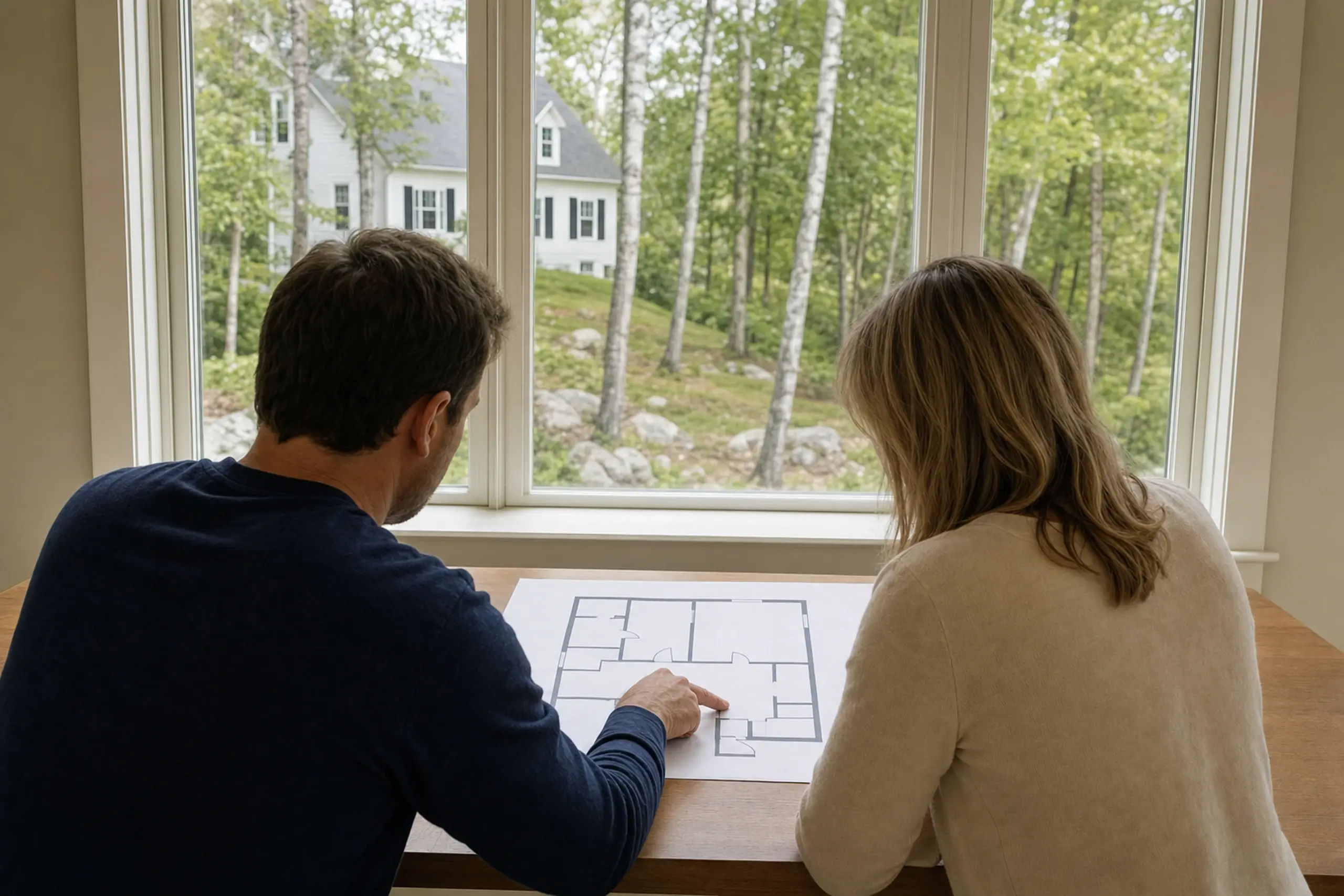 Two people sit at a wooden table looking at a floor plan, with a white house and trees outside.