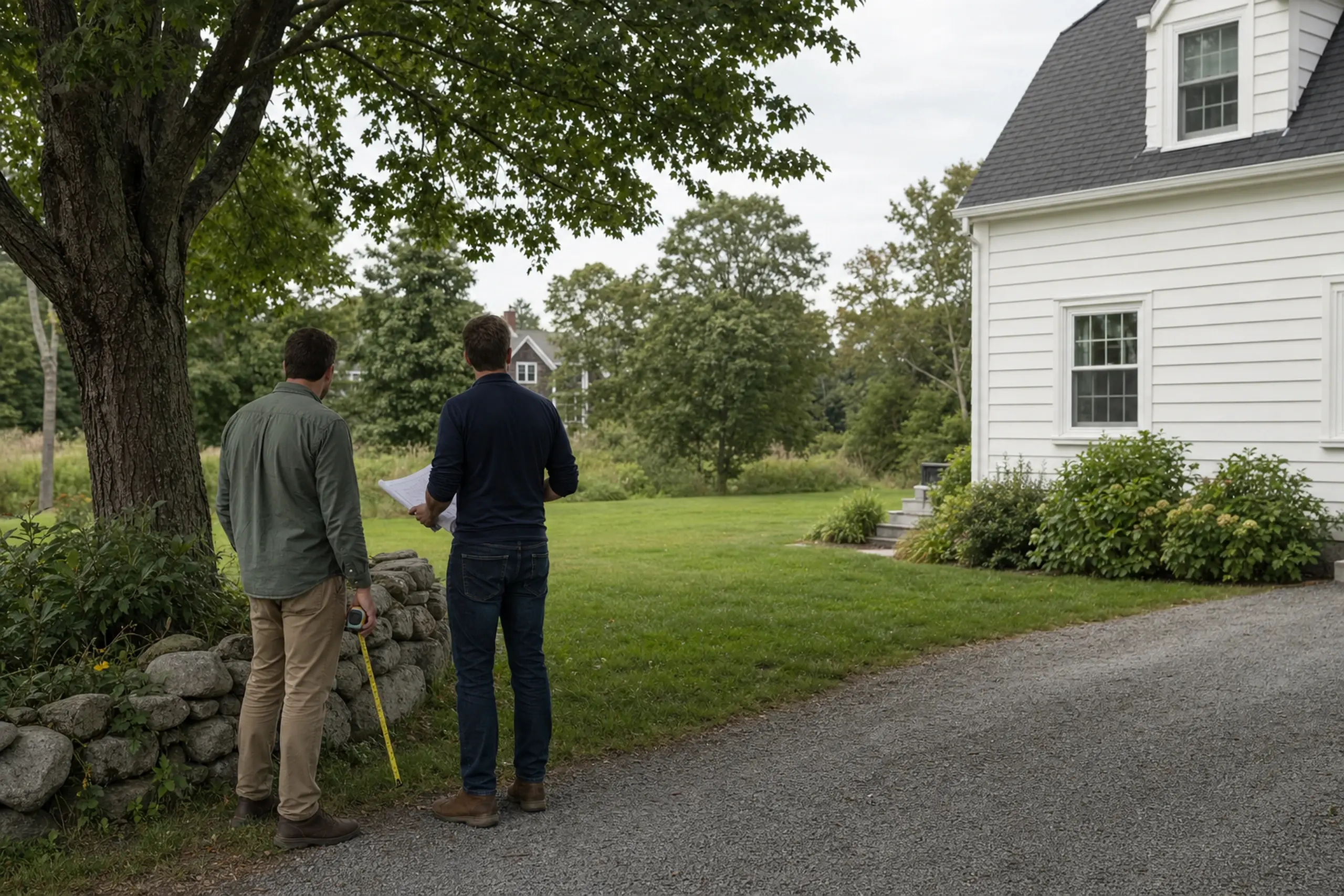 Two men stand near a white house with gray roof and green lawn under a tree.