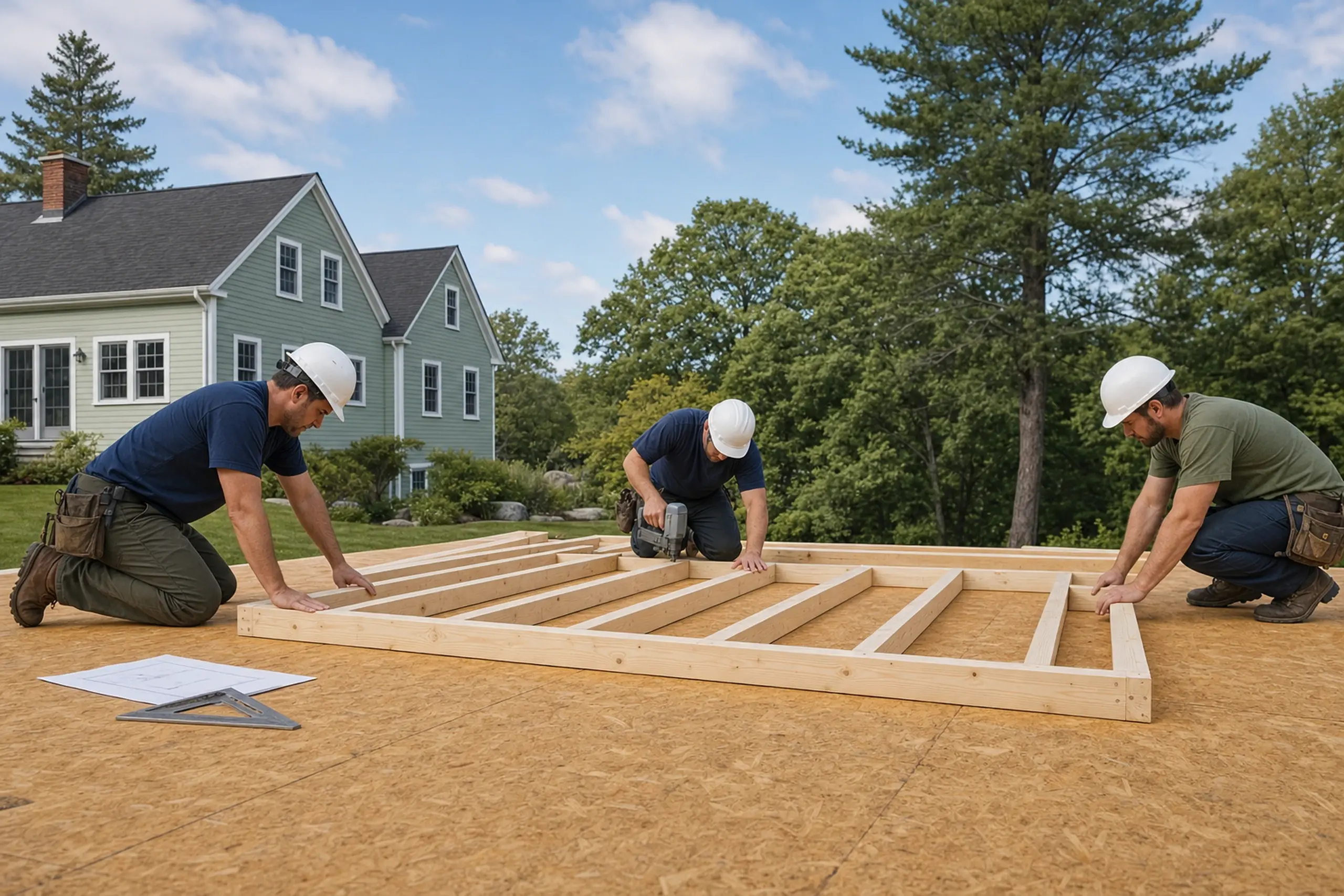 Three workers in helmets assembling a wooden frame on a plywood floor outside a green house.