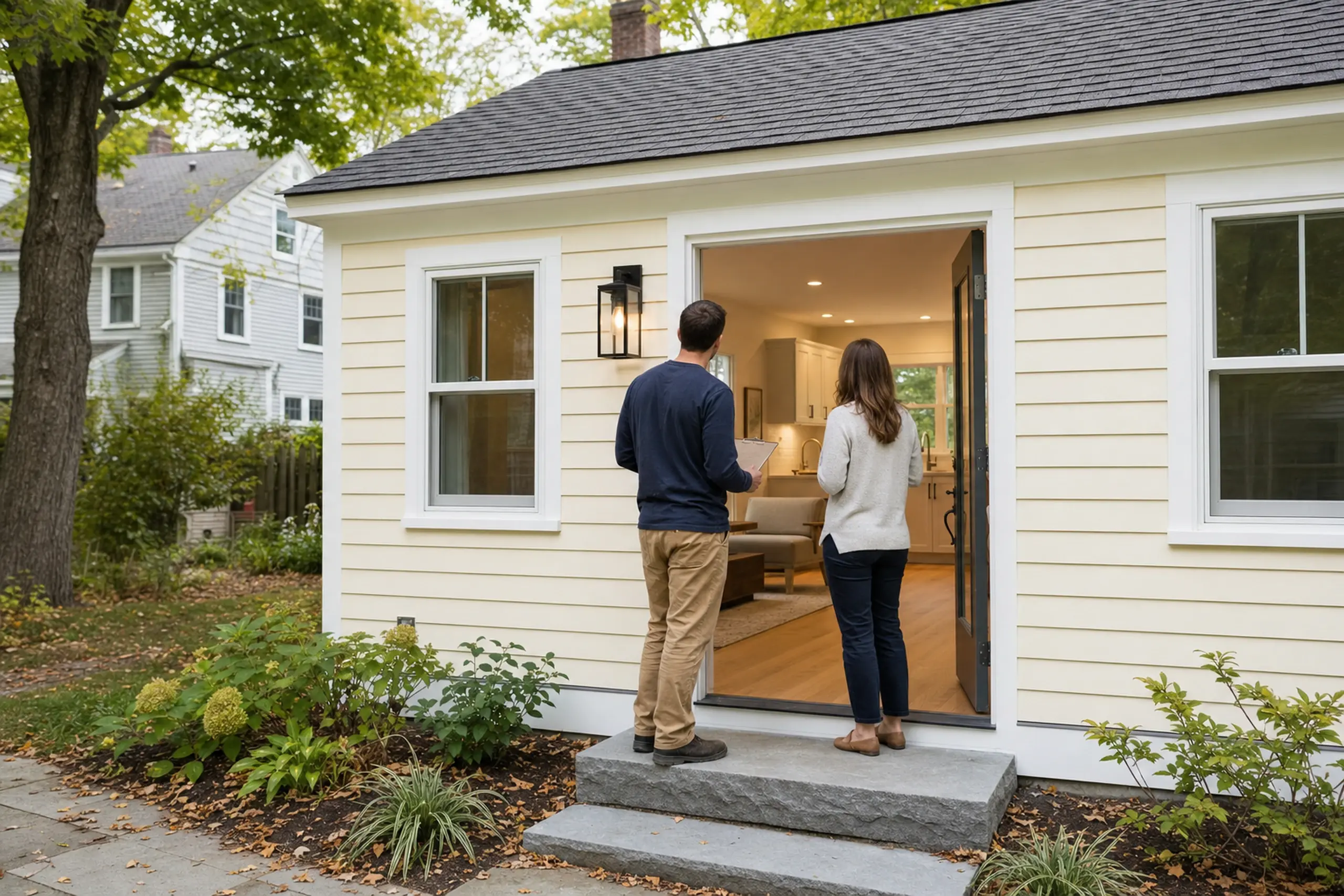 Yellow house with white trim, open door, two people standing on stone steps outside.