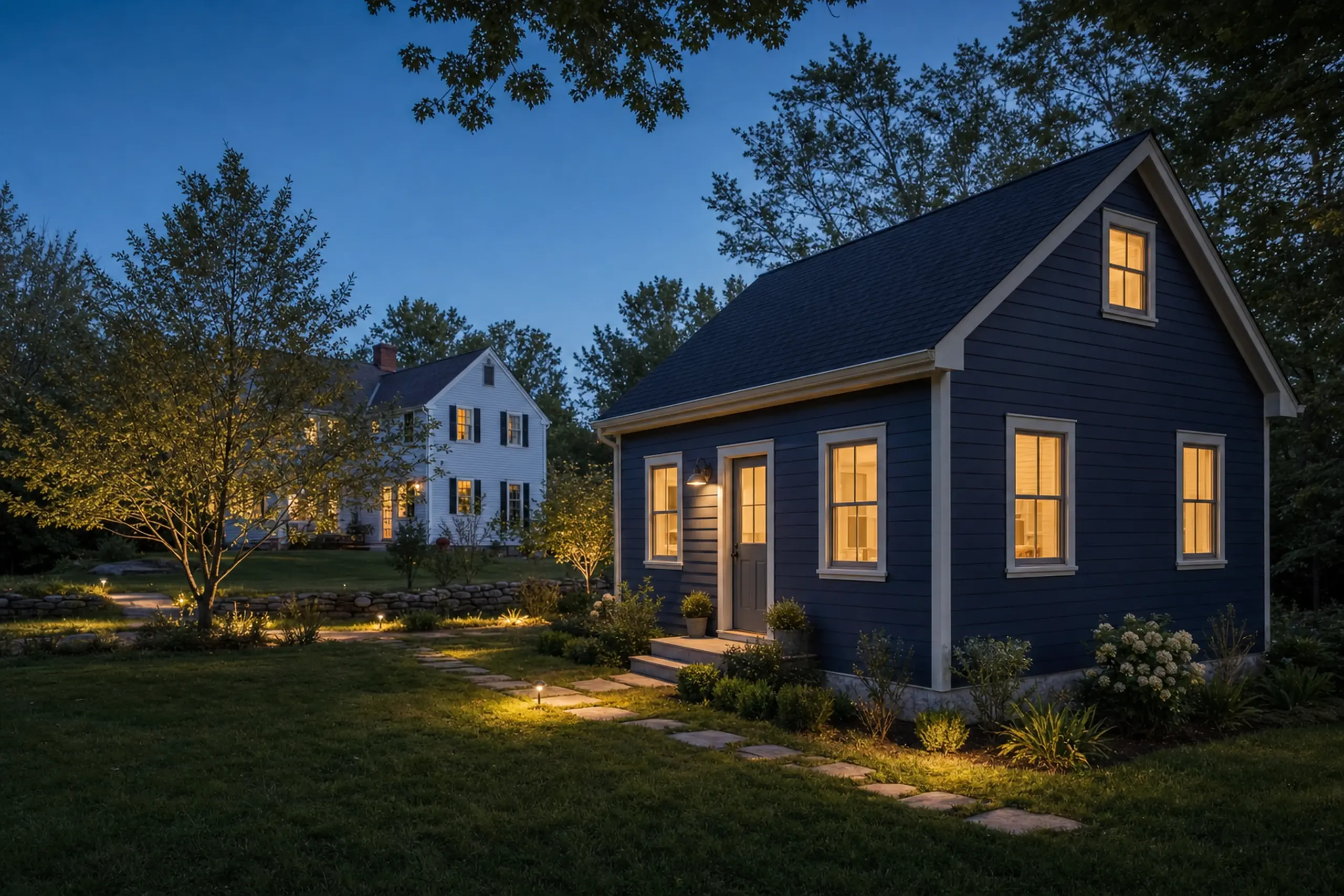 Two houses at dusk, one dark blue and one white, with lit windows and garden lighting.