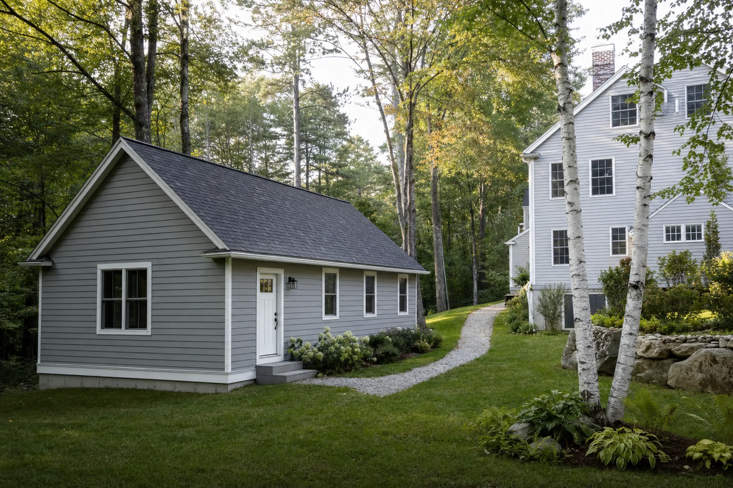 Gray house with white trim and dark roof in a green wooded yard with a gravel path.
