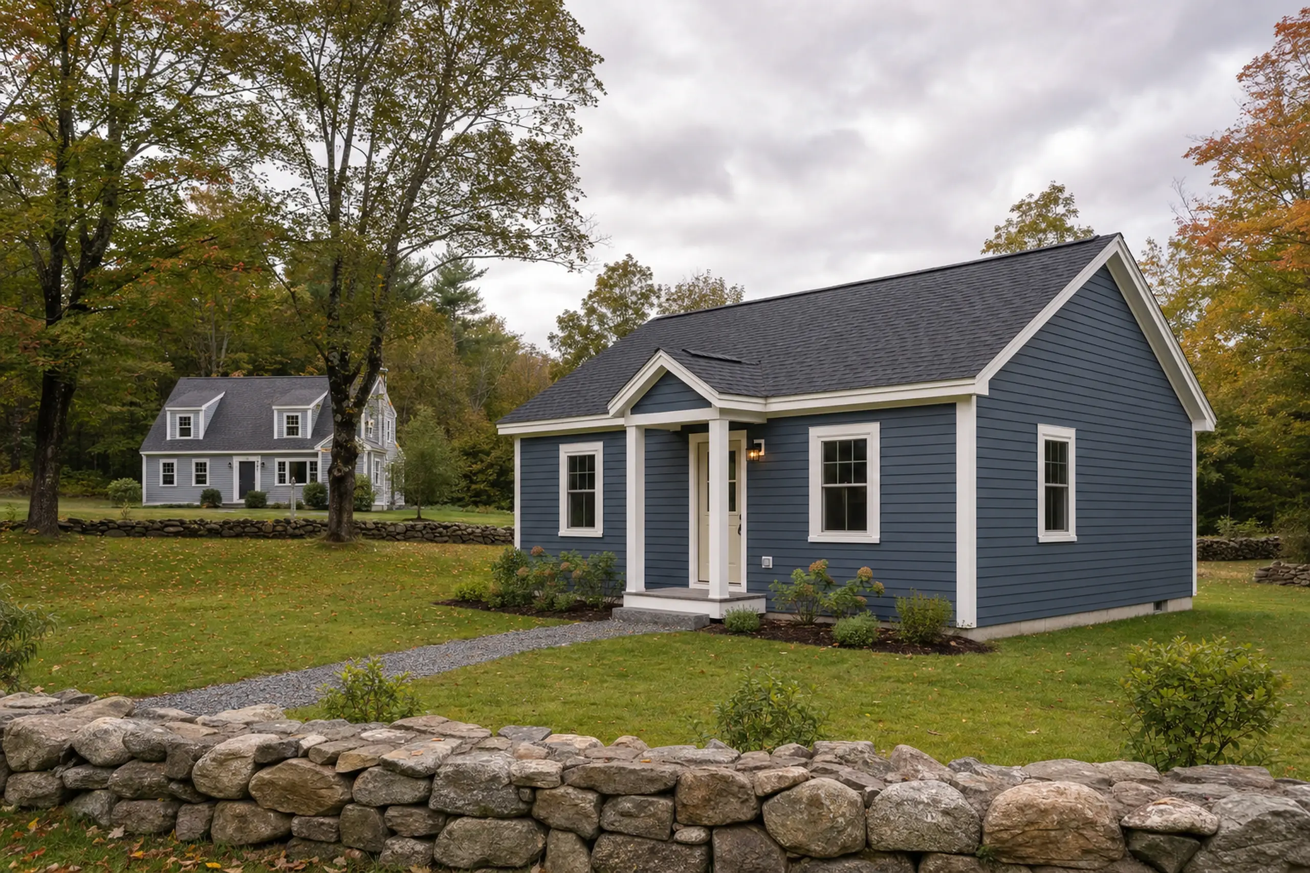 Blue single-story house with white trim in a grassy yard with stone wall and trees.