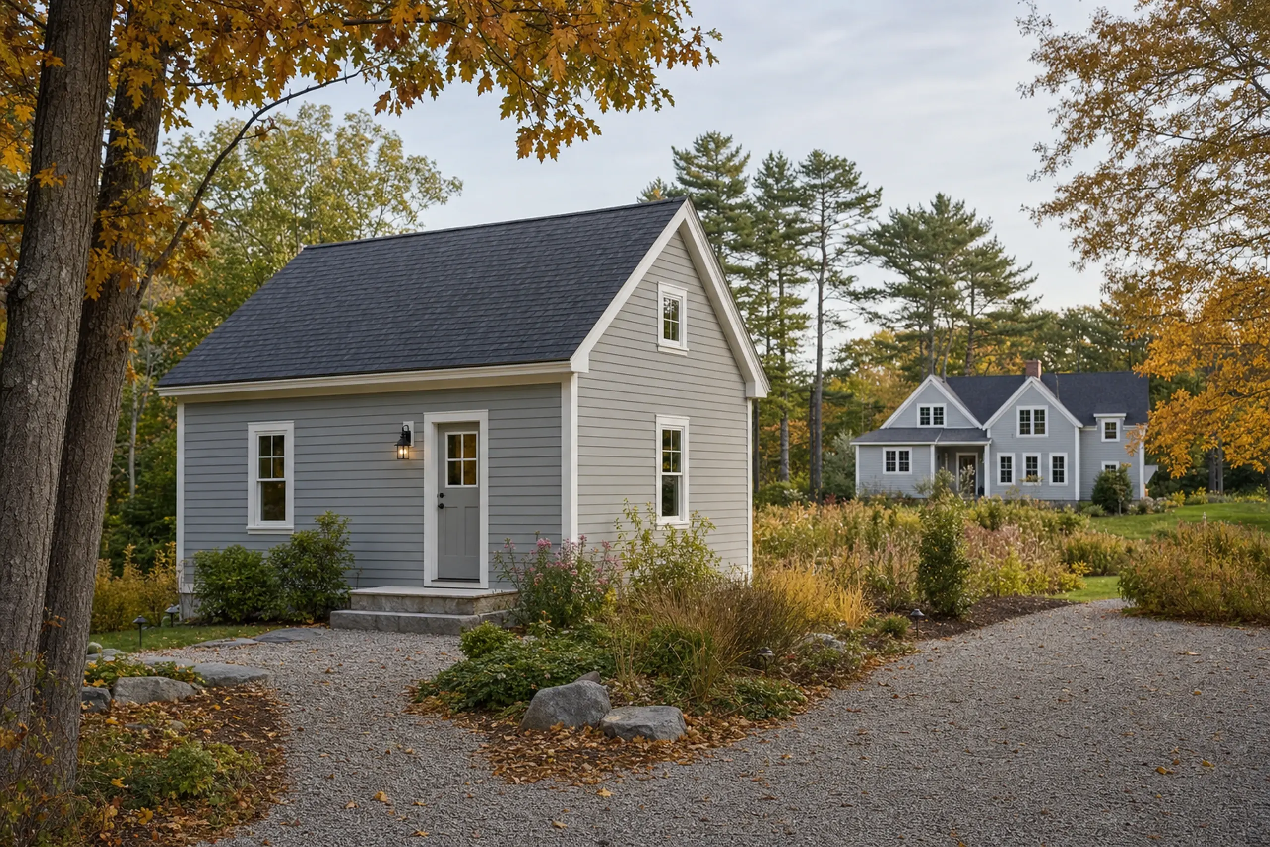 Two gray houses with white trim in a leafy autumn setting with gravel paths.