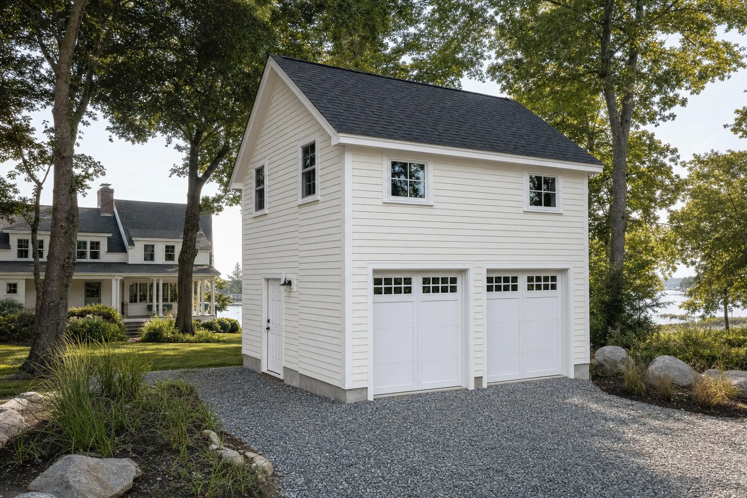 White two-story garage with black roof, two garage doors, side door, and surrounding trees.