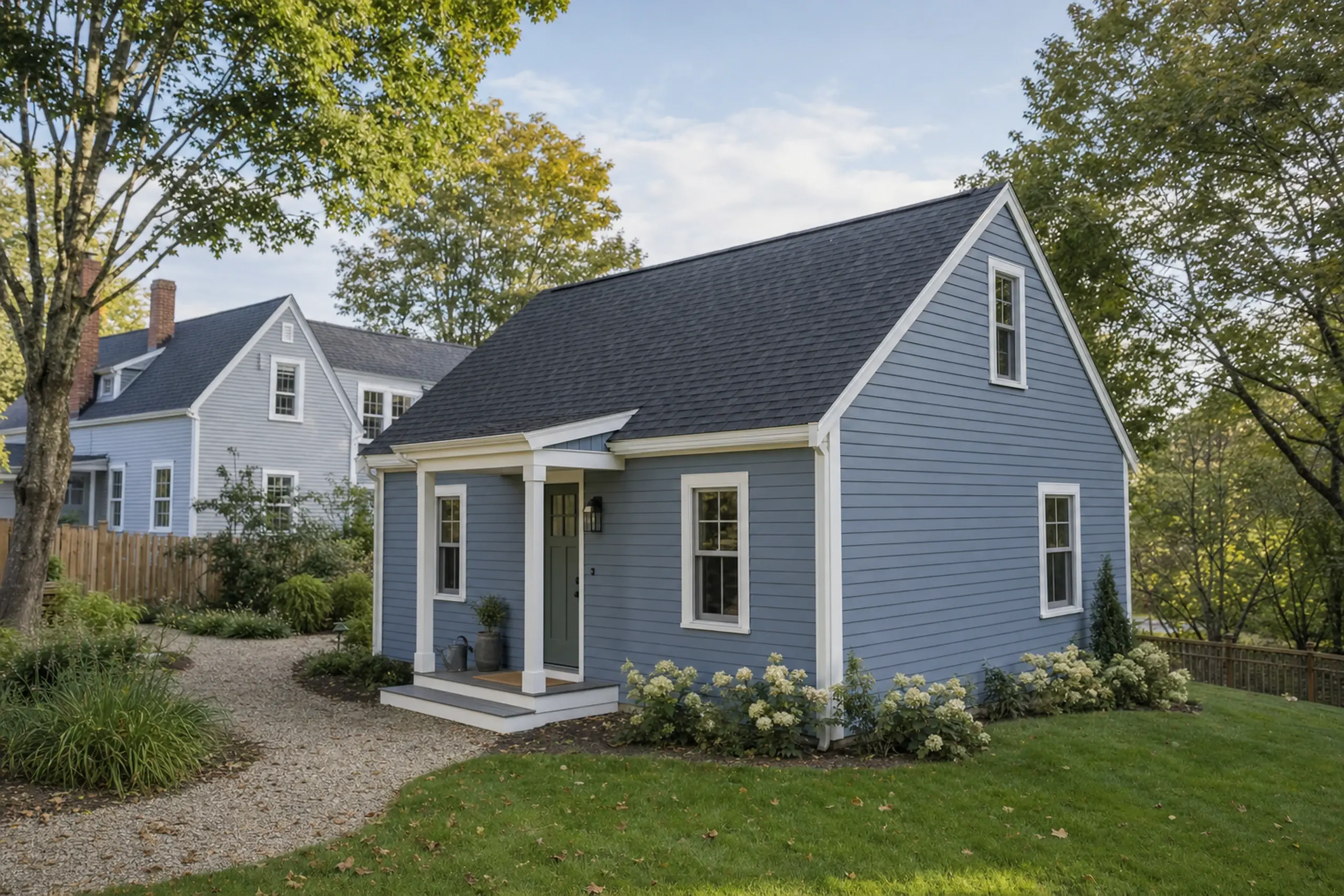ADU builders in Cumberland, ME: Blue house with white trim and dark roof in a green yard with trees and a gravel path.
