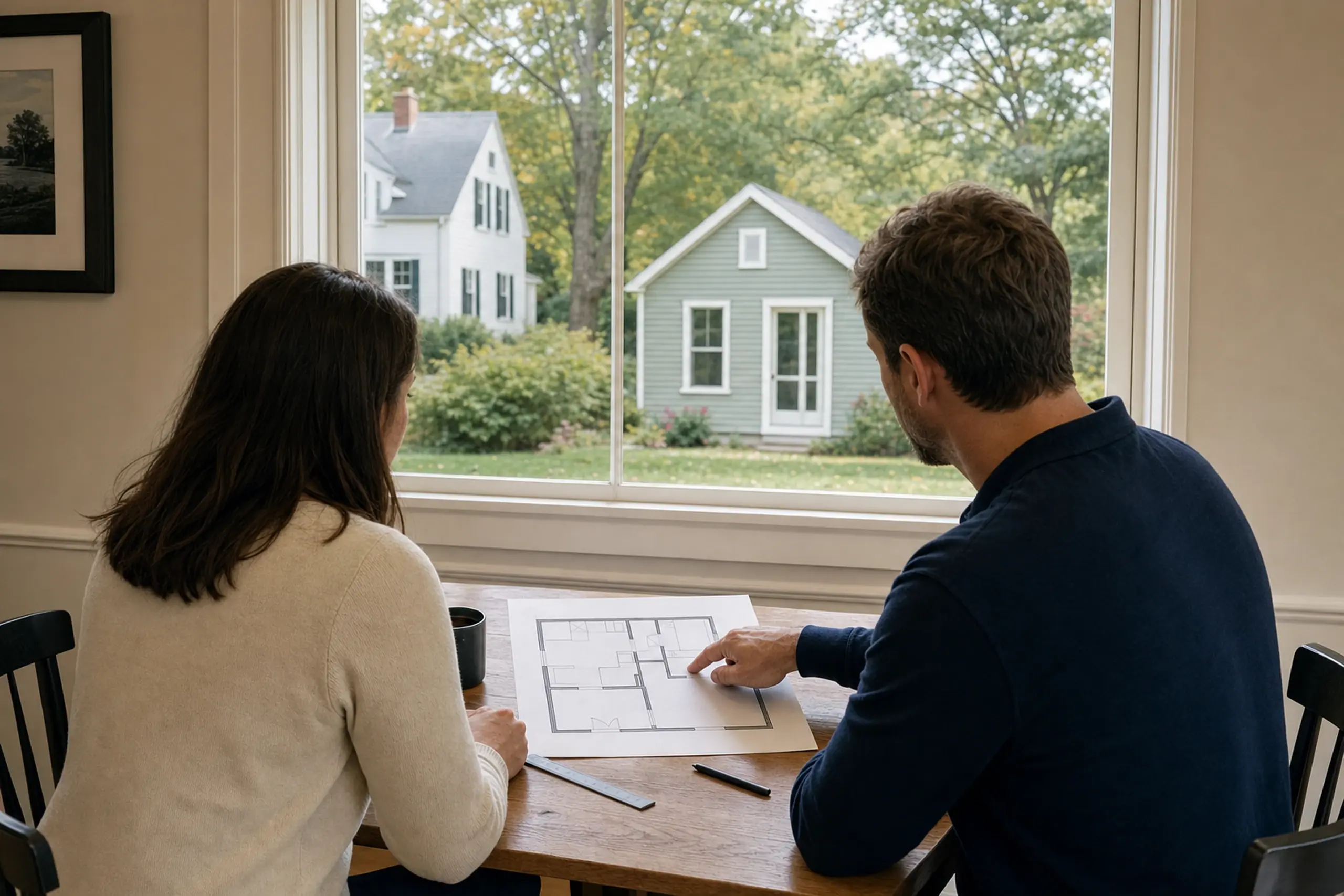 Two people sit at a wooden table inside, looking at a floor plan, with green and white houses outside.